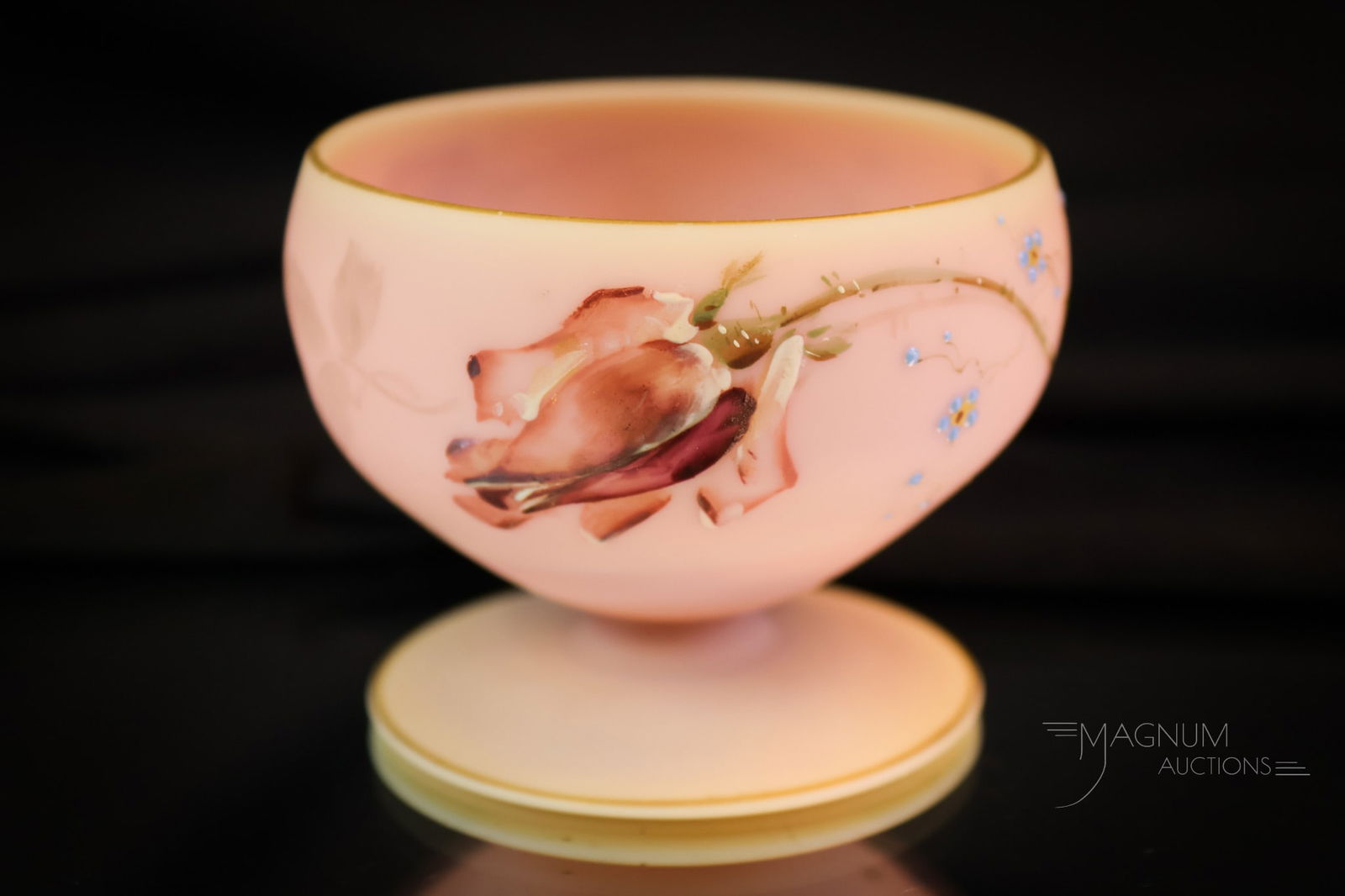 Mt. Washington Decorated Burmese Victorian Art Glass Nut Cup: A charming find in decorated Mt. Washington burmese art glass. This is a nut cup with delicate florals. This little cutie measures only 2" tall. SHIPPING NOTICE: If you choose not to utilize the LiveA