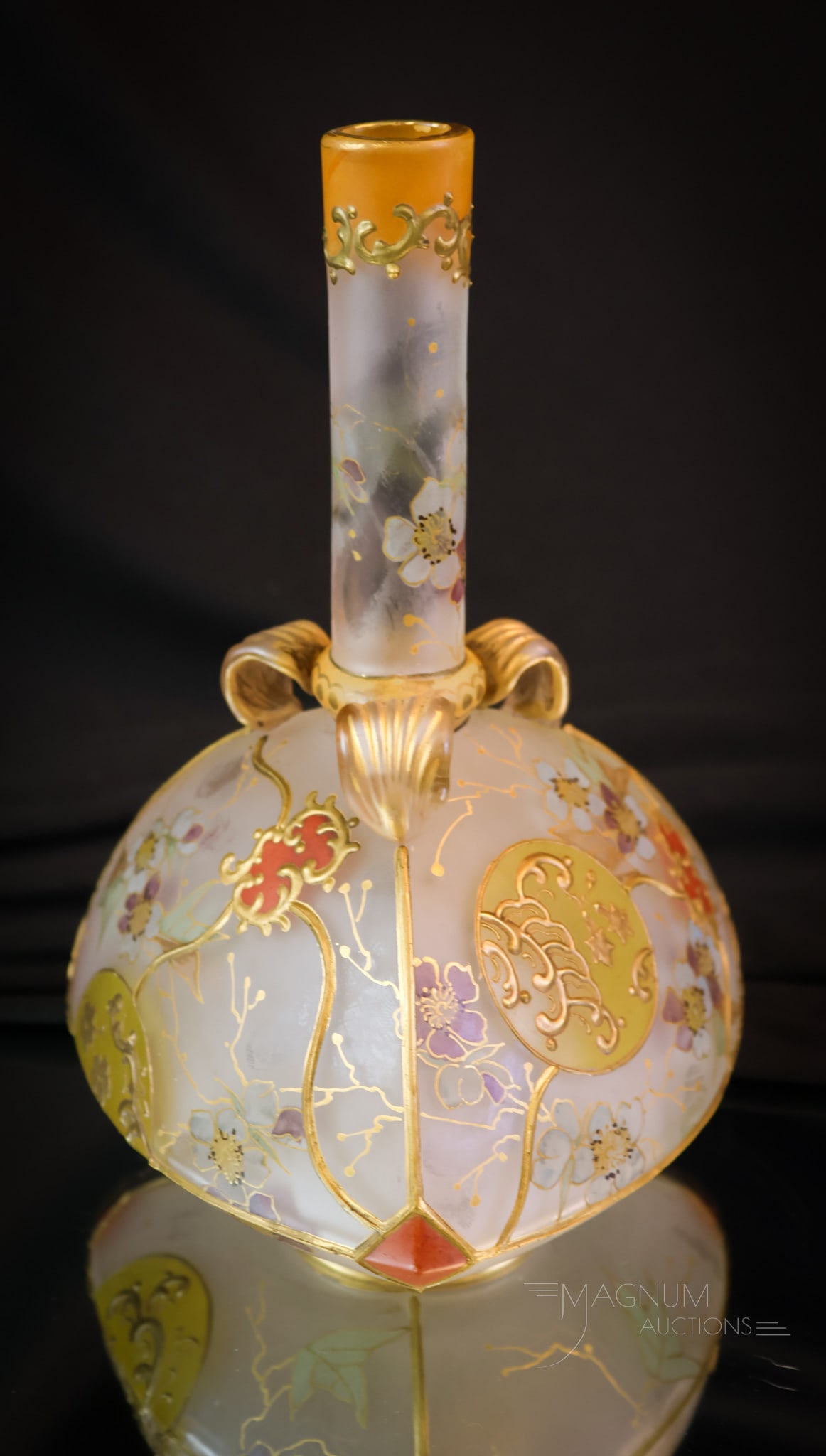 Mt. Washington Royal Flemish Art Glass Cabinet Vase: An intricately detailed canbinet vase in Mt. Washington art glass. This fine piece is elaborately decorated withflorals and raised gold accents. The piece has three applied leaves around the neck. The