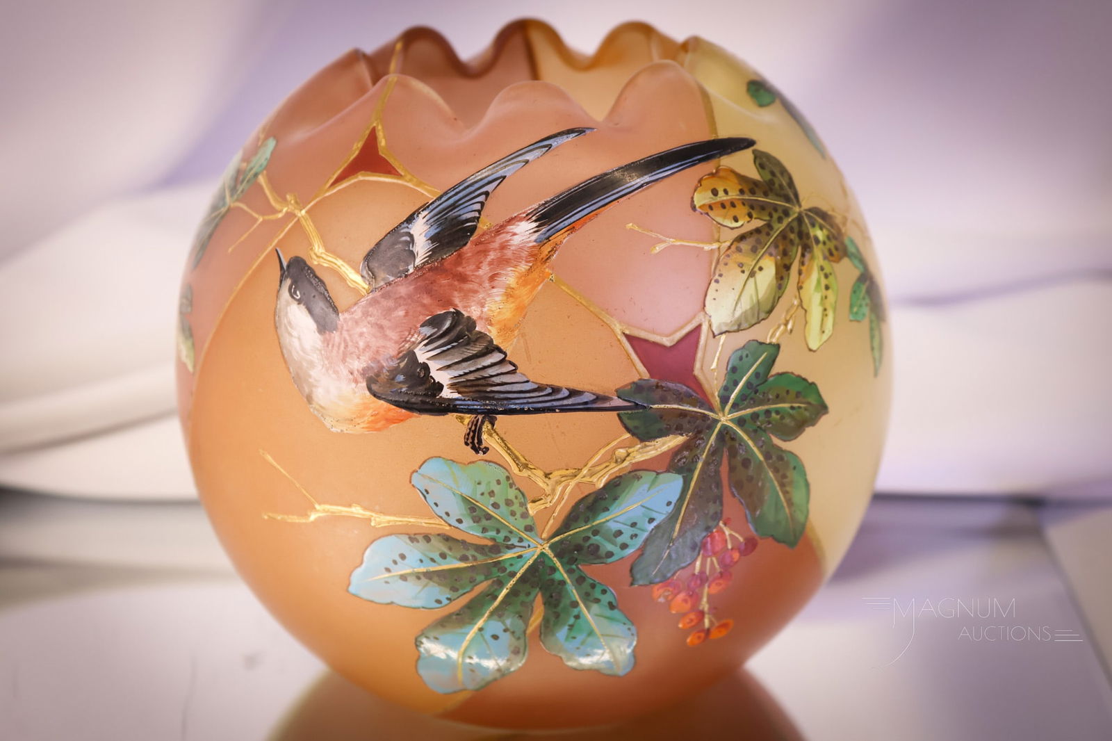 Harrach Flemish Victorian Decorated Art Glass Rose Bowl: A wonderful find in Harrach decorated Victorian art glass. This is a Flemish-style rose bowl. It is decorated with segmented panels and a bird, foliage and branches, and berries. This fine piece of ar