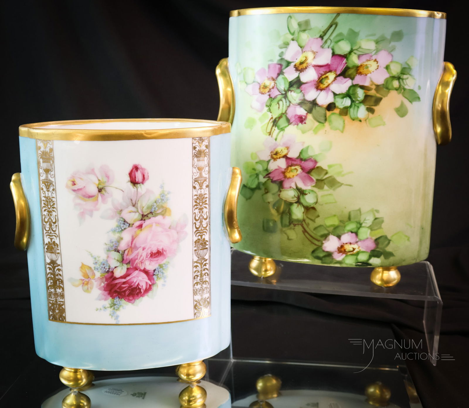 2 pc Lot Bavaria Hand Painted Porcelain Cache Pots: Both are signed H & Co., Bavaria. This offering includes two fine hand-painted porcelain cache pots. Both are decorated with roses and gold. SHIPPING NOTICE: If you choose not to utilize the LiveAucti