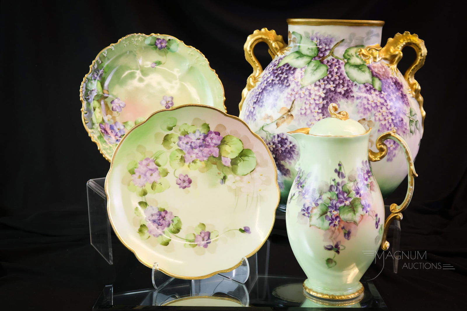4 pc Lot JPL France Pickard Hand Painted Porcelain: Four desirable finds in hand-painted porcelain. This lot includes a large Lilac decorated ovoid vase with gold dragon handles. It is marked JPL France. The next three pieces are decorated with purple