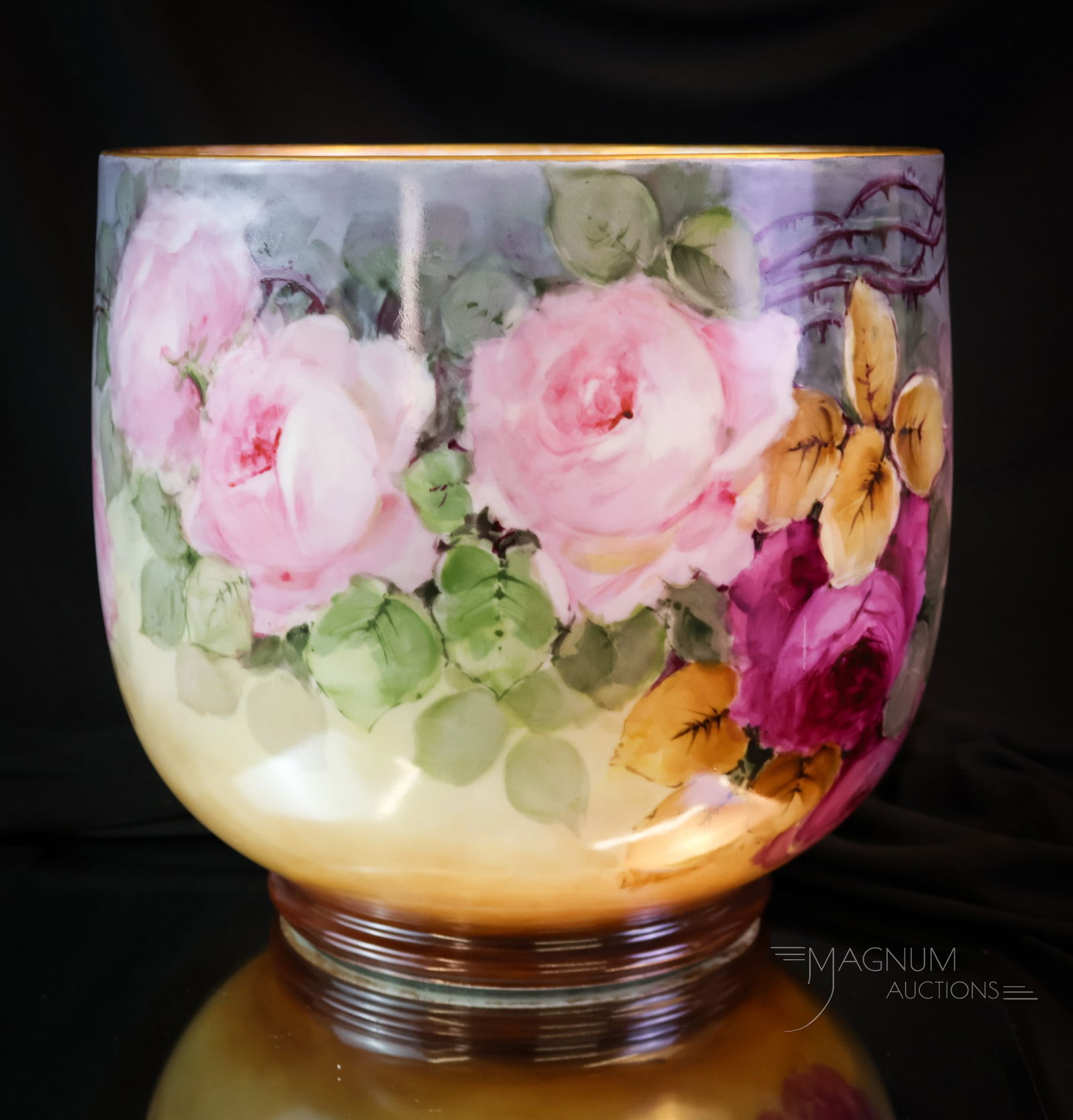W.G. & Co. Limoges France Hand Painted Porcelain Roses & Gold Jardinere: A fine marked W.G. & Co., France hand-painted porcelain jardinere. This beautiful piece has dark and light pink roses and lots of gold embellishments. The piece measures 10" tall. SHIPPING NOTICE: If