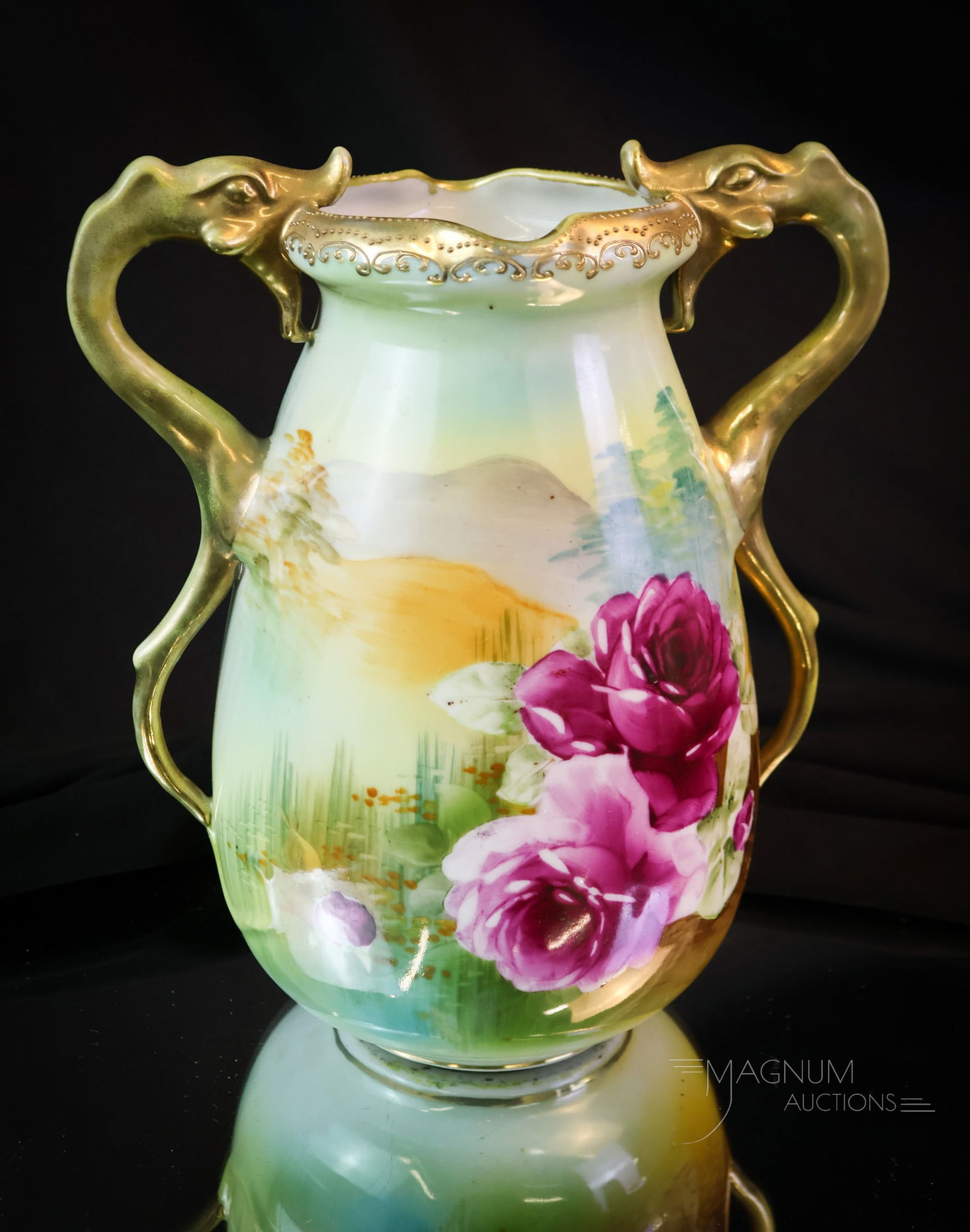 Green Mark Nippon Porcelain Serpent Handle Scenic Vase: Here's a lovely addition to the curio. This is a green-mark Nippon vase with double serpent handles. This vase has luscious purple pink roses and a scenic decoration of a mountain. The vase measures 8