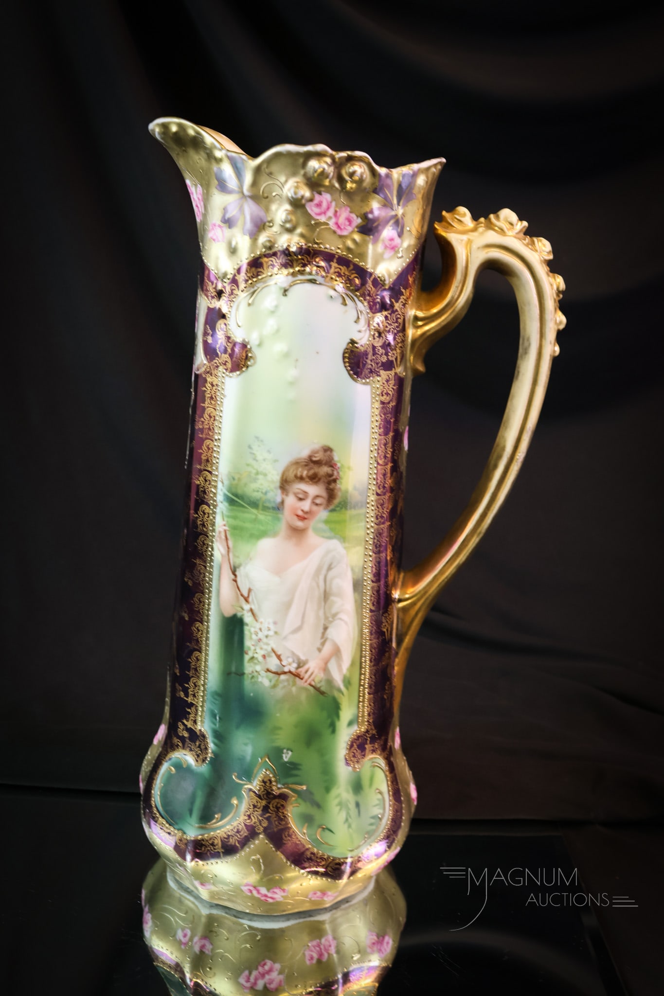 Rare R.S. Prussia Rosebud Mold Tiffany Finish Spring Porcelain Tankard Pitcher: A beautiful and rare find in R.S. Prussia. This is a Spring Season tankard pitcher. The pitcher is in the rosebud mold with Tiffany finish. The tankard measures 14" tall. SHIPPING NOTICE: If you choos