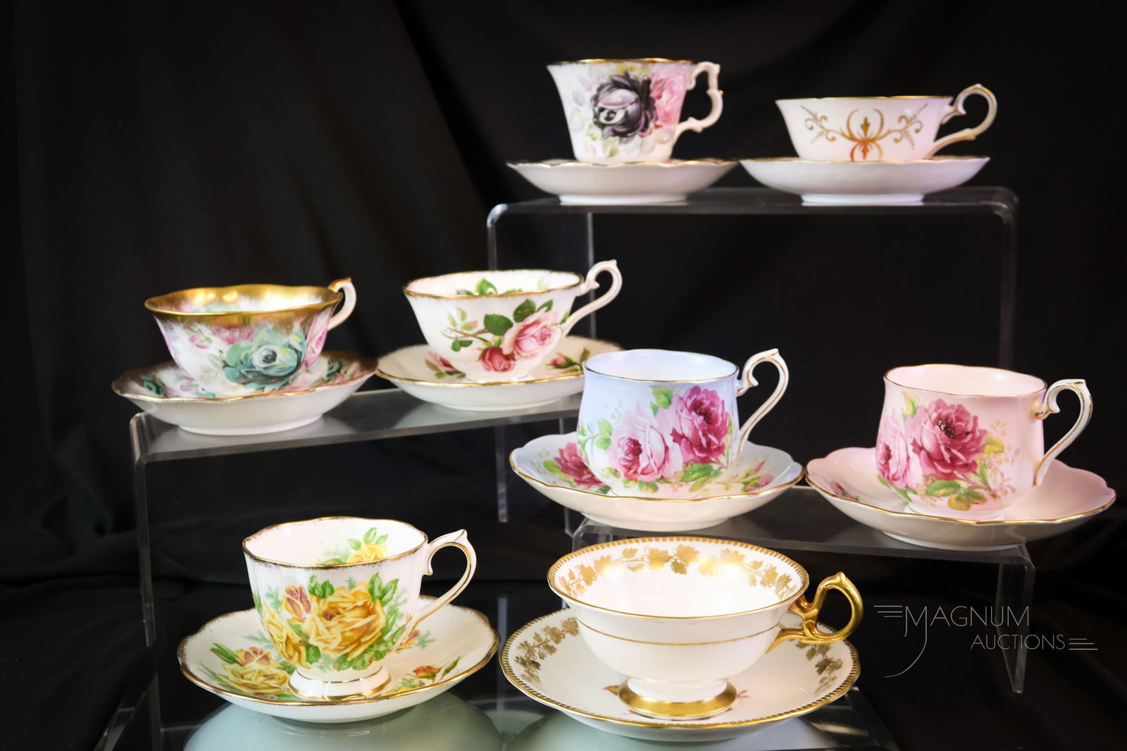 8 pc Lot Royal Albert Royal Chelsea Tea Cup & Saucers Sets: Eight desirable finds in Royal Chelsea and Albert china. All are decorated with roses and gold. The tallest measures 3 1/4". A chip is noted on the saucer of the Royal Chelsea set. SHIPPING NOTICE: If