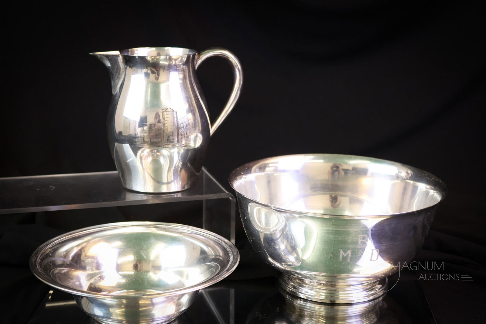 3 pc Lot Tiffany Sterling Silver 28.428OZT: Three fine examples of Tiffany Sterling Silver. The first is a large bowl with a "MBB" monogram, "Tiffany & Co." and "23616." There is a second bowl with an "M" monogram and marked "Tiffany & Co. Make
