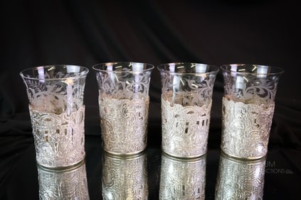 Set of 4 Engraved Glass & Sterling Silver Tumblers 5.581 OZT