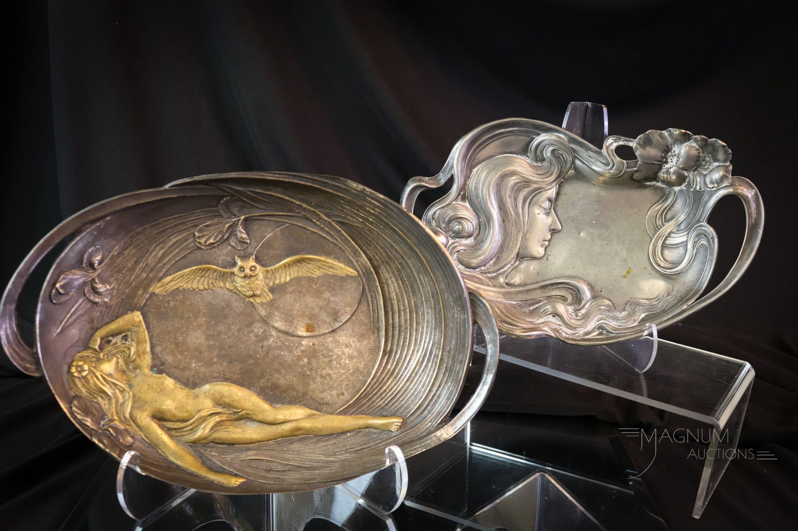 2 pc Lot Art Nouveau Trays WMF & More: Two distinct finds in Art Nouveau period trays. The first is a copper on pewter featuring a nude woman and an owl. The second is a WMF with a lady and flowing hair with flowers. SHIPPING NOTICE: If