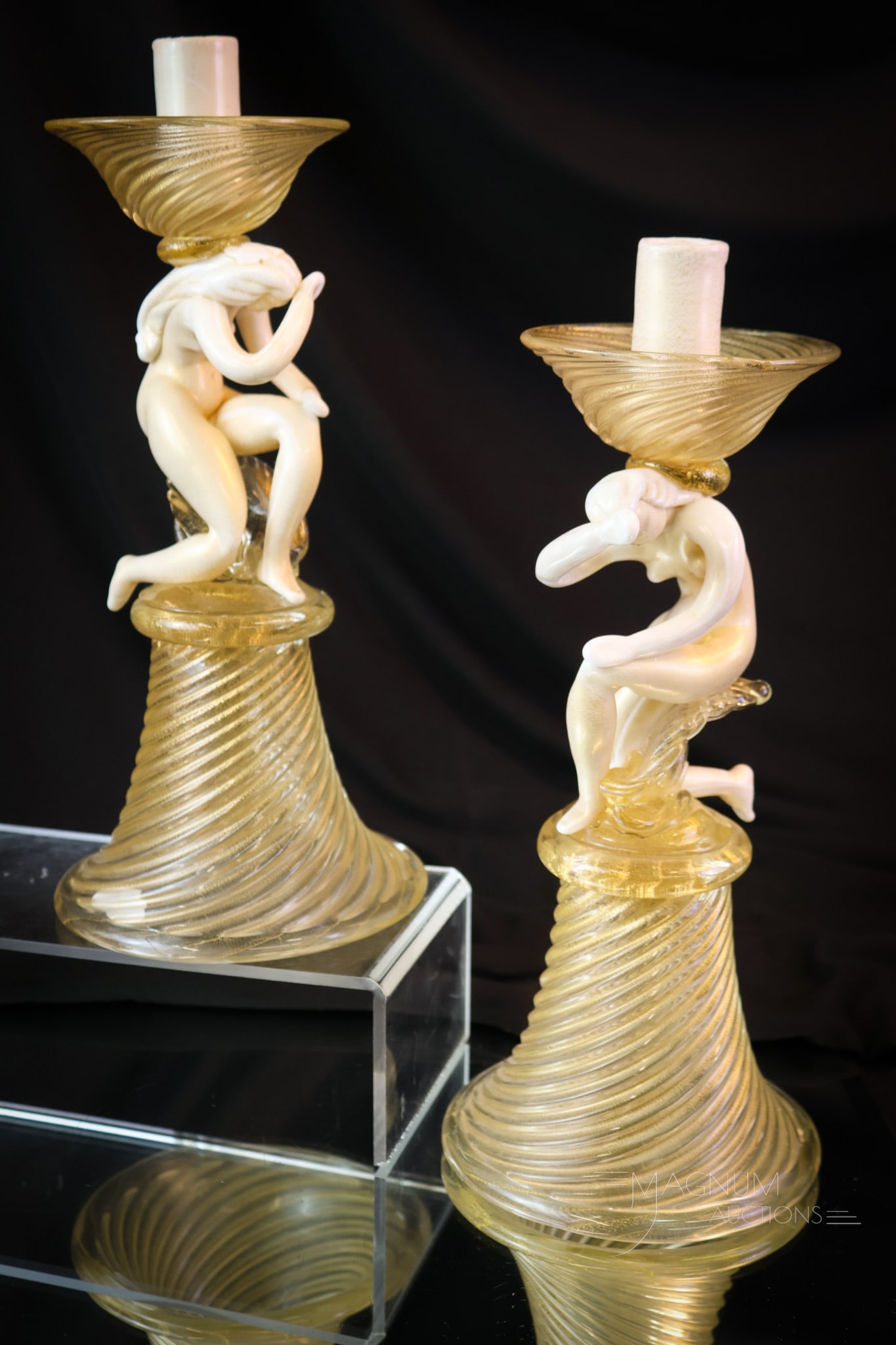 Pair Italian Murano Art Glass Figural Nude Candlesticks: This is a beautiful pair of Italian Murano figural nude women candlesticks. These are being relisted due to a non-paying and now blocked bidder. This pair measures 11 1/4" tall. SHIPPING NOTICE: If yo