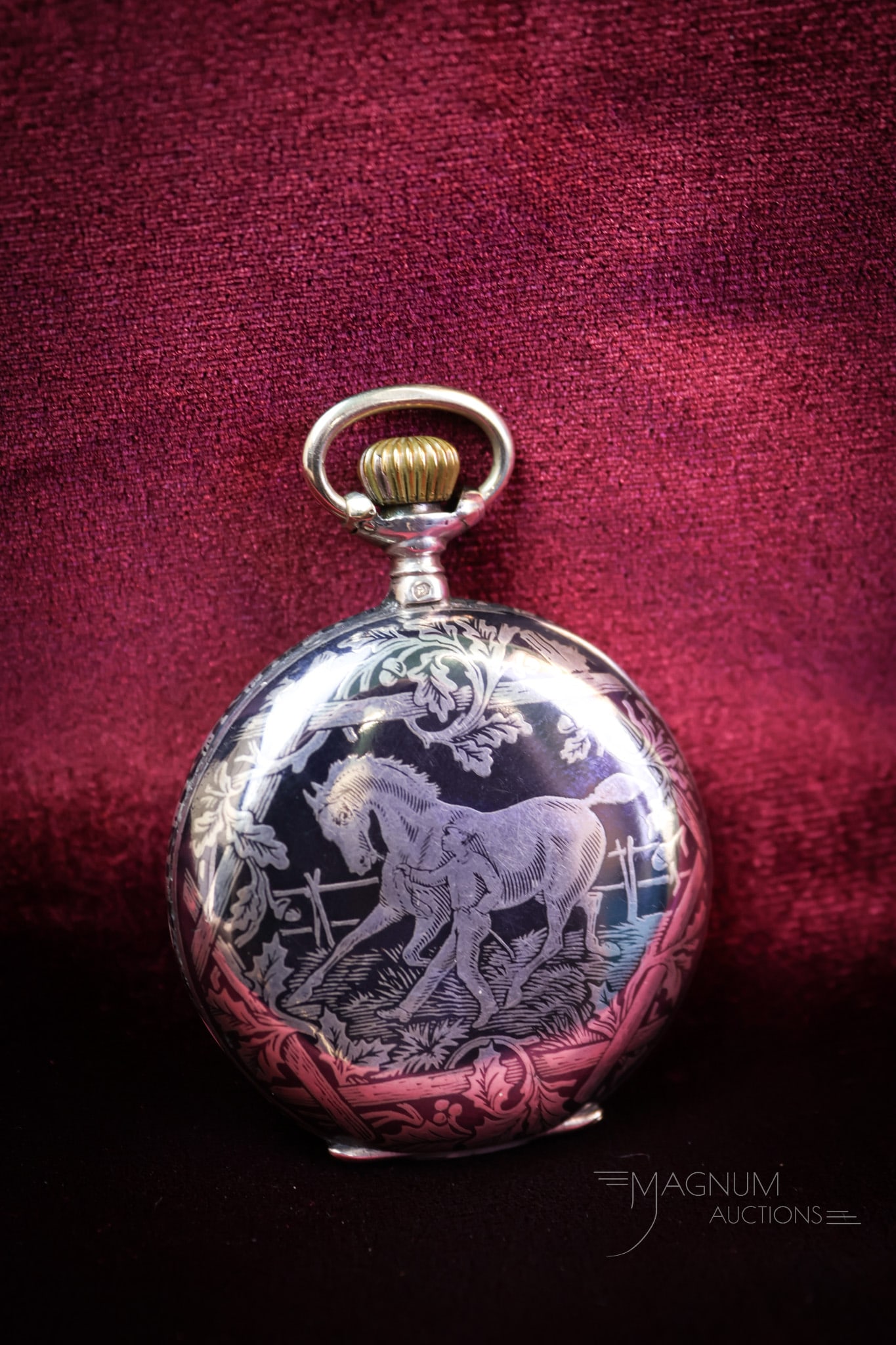 Niello Silver Gold Horse Hunter's Case 15 Jewel Pocket Watch: A fine pocket watch in Niello silver with gold horse pocket watch. This super example features a 15-jewel movement. The weight of the watch is 2.065 OZT SHIPPING NOTICE: If you choose not to utilize t