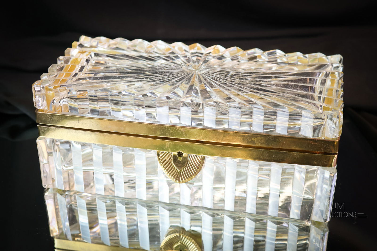 Large French Cut Crystal & Brass Jewelry Casket: A gorgeous French cut crystal and brass jewelry casket. This rectangular box has a heavy pattern and classic form. The caket measures 3 1/2" tall and 8 1/2" wide. SHIPPING NOTICE: If you choose not to