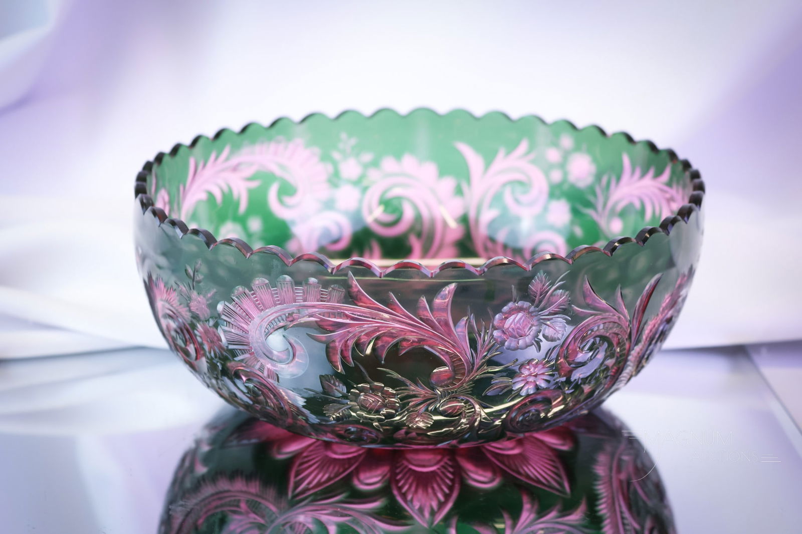 BPCG Stevens & Williams Emerald Cut to Pink Brilliant Period Cut 8" Bowl: A rare find in our lineup of Brilliant Period cut glass. This fine example is attributed to Stevens & Williams. This 8" bowl is a deep emerald green cut to pink. A masterful piece of glass cut with a
