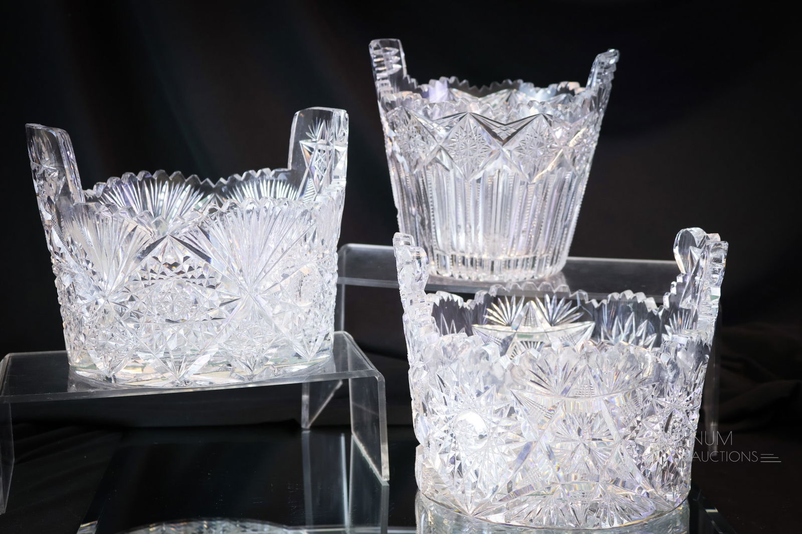 3 pc Lot ABP American Brilliant Period Cut Glass Ice Tubs: Three delights in American Brillinat Perido cut glass. This lot offer three nice examples of ice tubs in various sizes, forms, and cuttings. The first is a Hobstar and file cutting. The second has a s