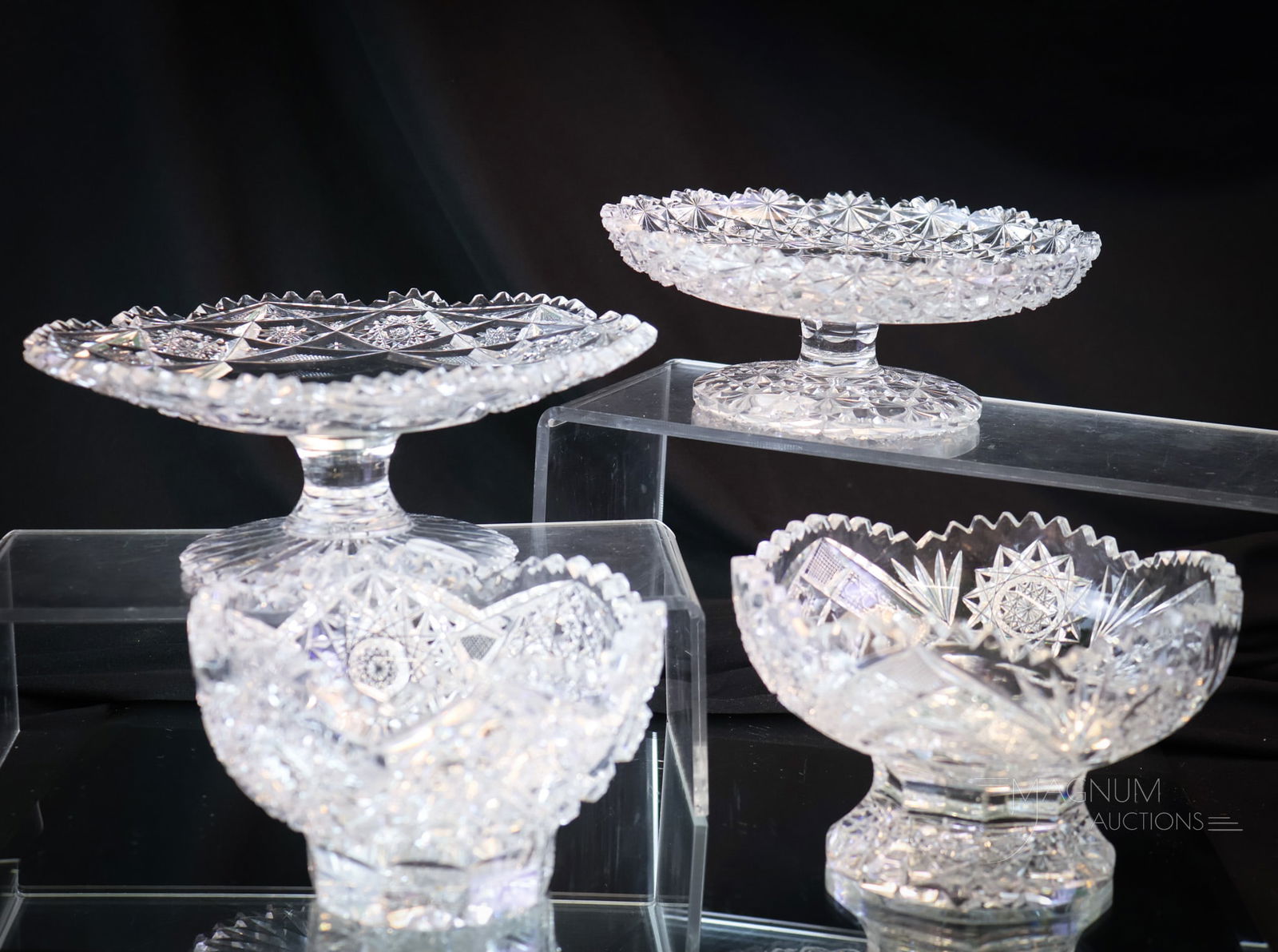 4 pc Lot ABP American Brilliant Period Cut Glass Libbey & More: Four lovely finds for your collection. This lot offers a signed Libbey footed canape plate with Hobstar cutting. A Russian-cut footed canape plate. The third and fourth pieces in the lot are pedestal