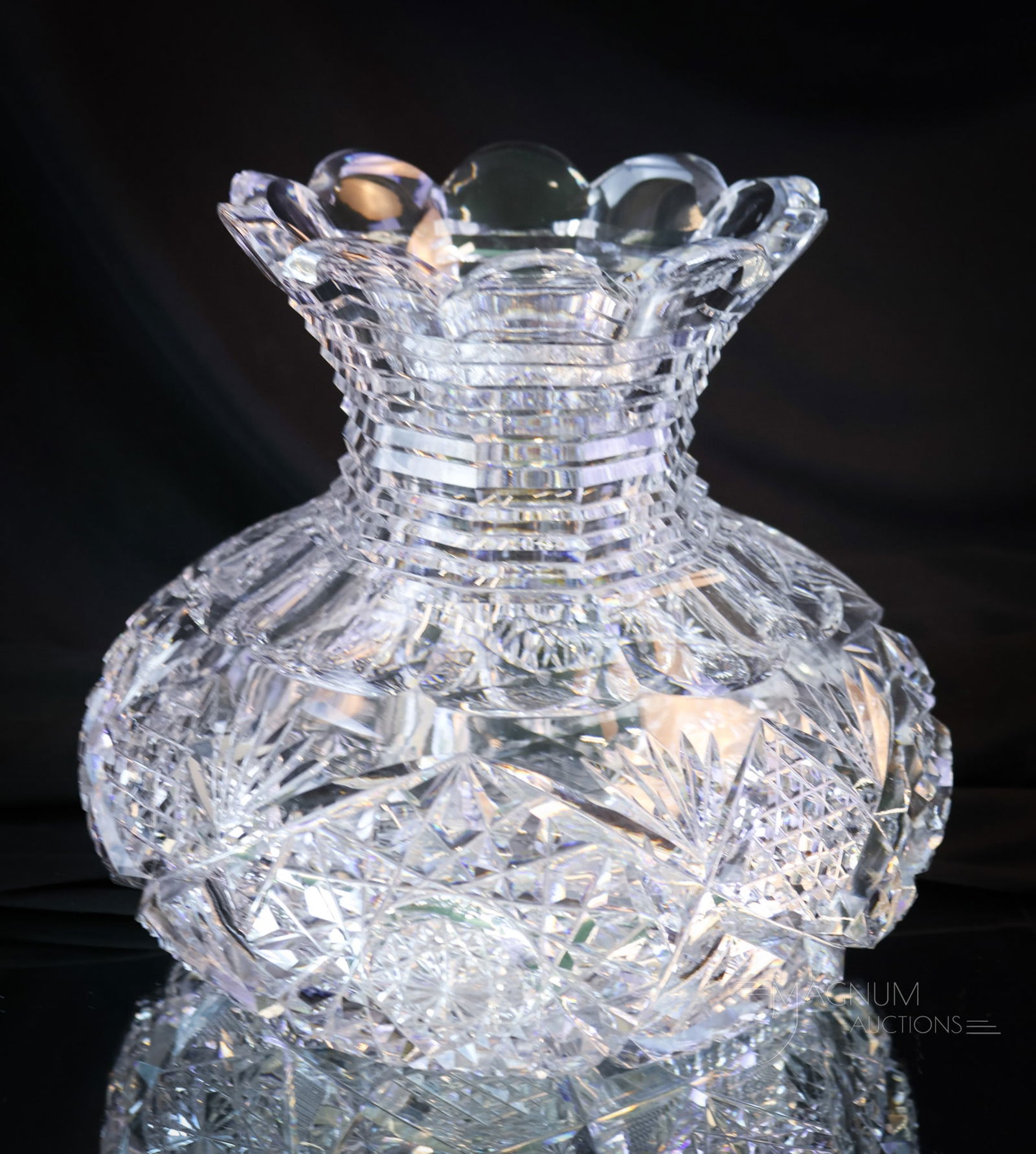 ABP American Brilliant Period Cut Glass Flower Center Vase: A beautiful American Brilliant Period cut glass flower center vase. This piece features Hobstar & Waffle cutting. This piece measures 7" tall and 7" wide. SHIPPING NOTICE: If you choose not to utilize