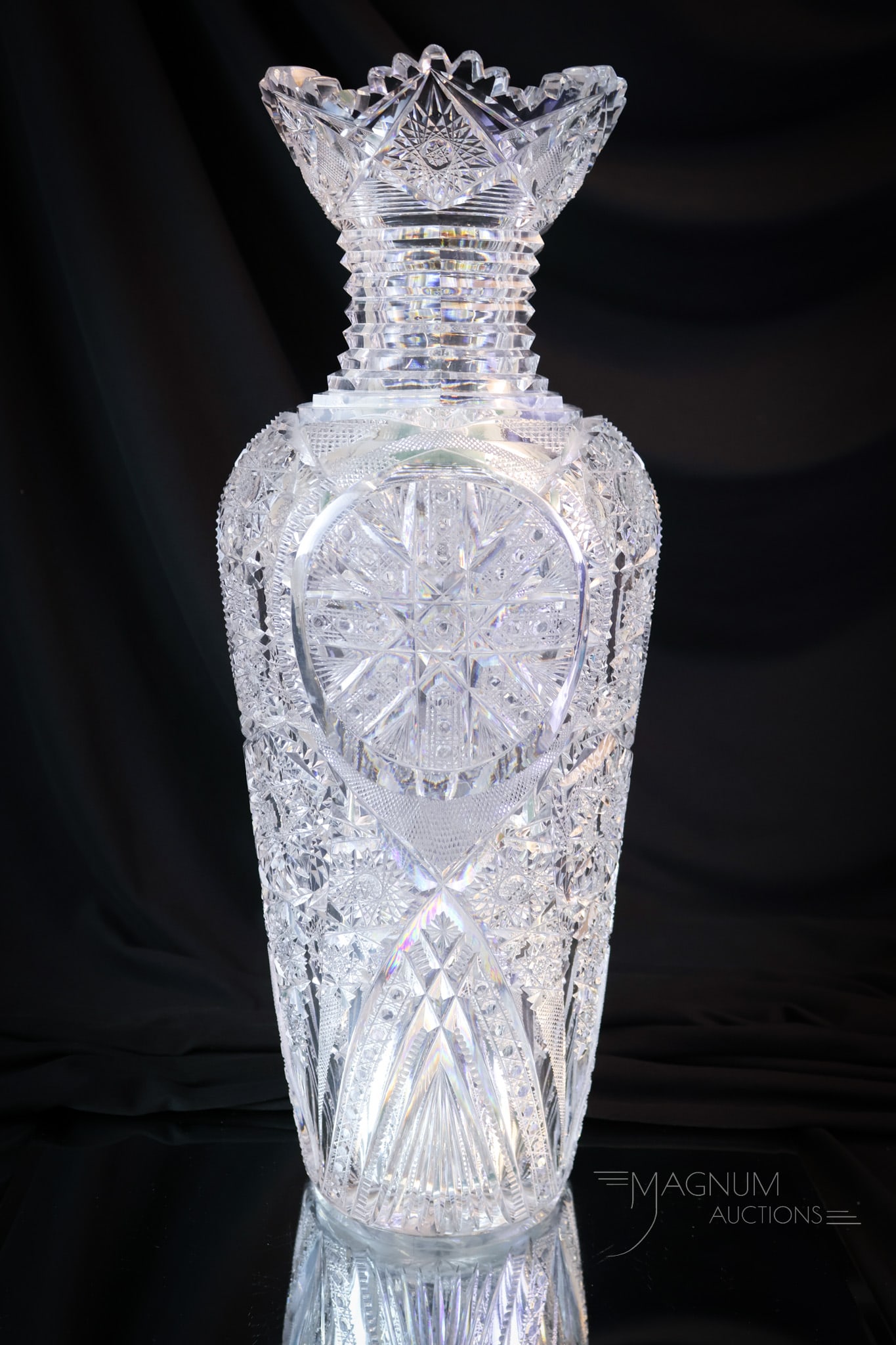 Monumental Fry "Chicago" ABP American Brilliant Period Cut Glass Vase: A monumental piece of Fry American Brilliant Period cut glass. This fine example in the "Chicago" pattern measures 16 3/4" tall and 6" wide. SHIPPING NOTICE: If you choose not to utilize the LiveAucti