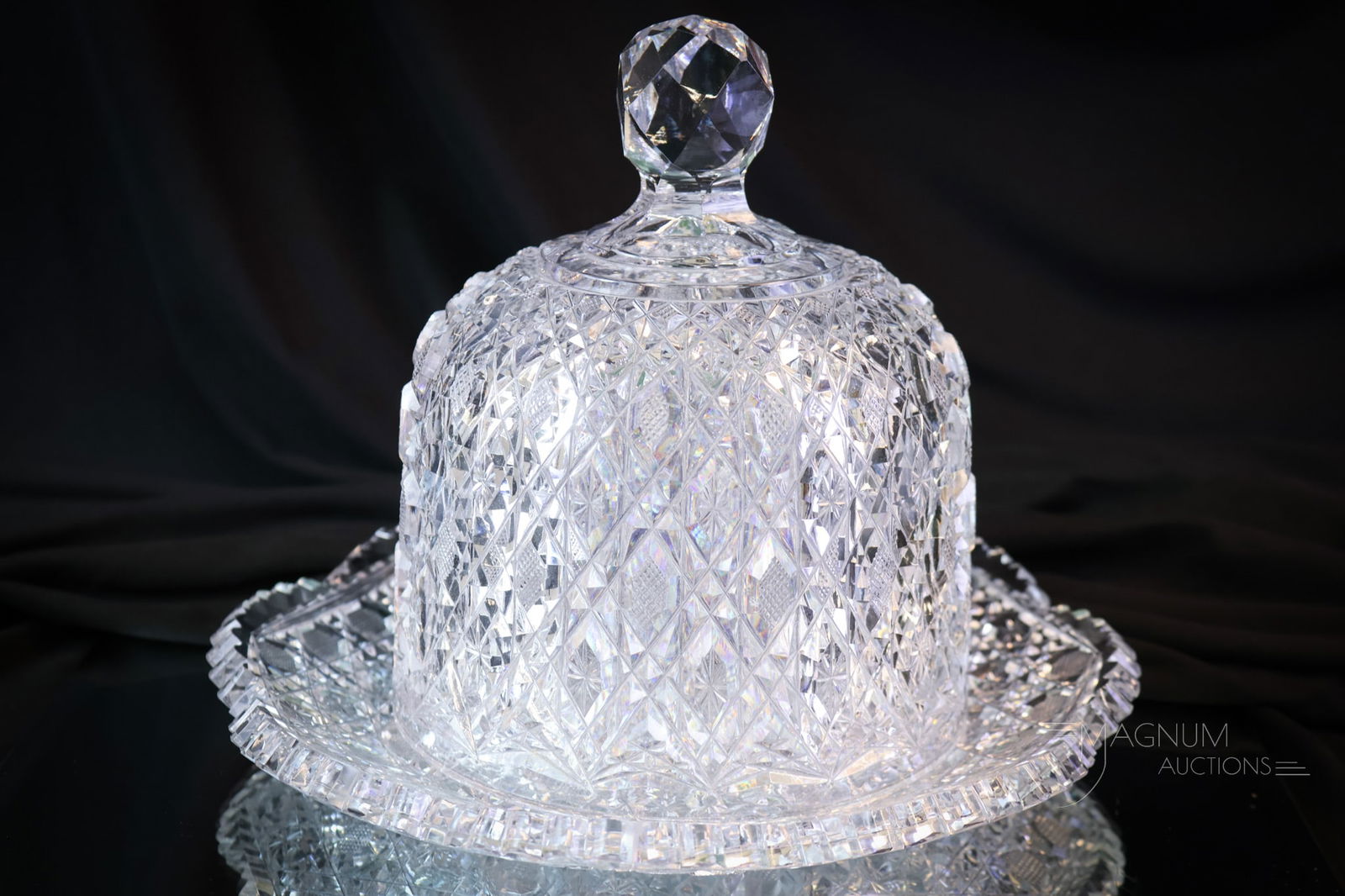 ABP American Brilliant Period Cut Glass Cheese Dish: A great example of an American Brilliant Period cut glass cheese dish. This example has extraordinary cutting in Diamonds and Button pattern. The dish measures 7 1/2" tall. SHIPPING NOTICE: If you cho