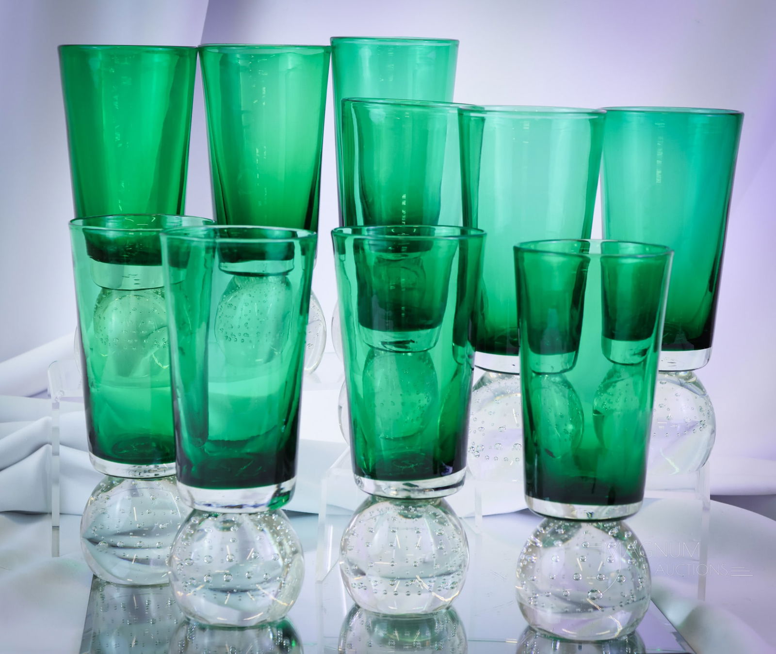 10 pc Set Erikson Glass Dark Green Highball Controlled Bubble Tumblers: A set of 10 Erikson glass dark green and controlled-bubble highball tumblers for your bidding pleasure. These tumblers have a beautiful color and form. The tumblers measure 7 1/2" tall each. SHIPPING