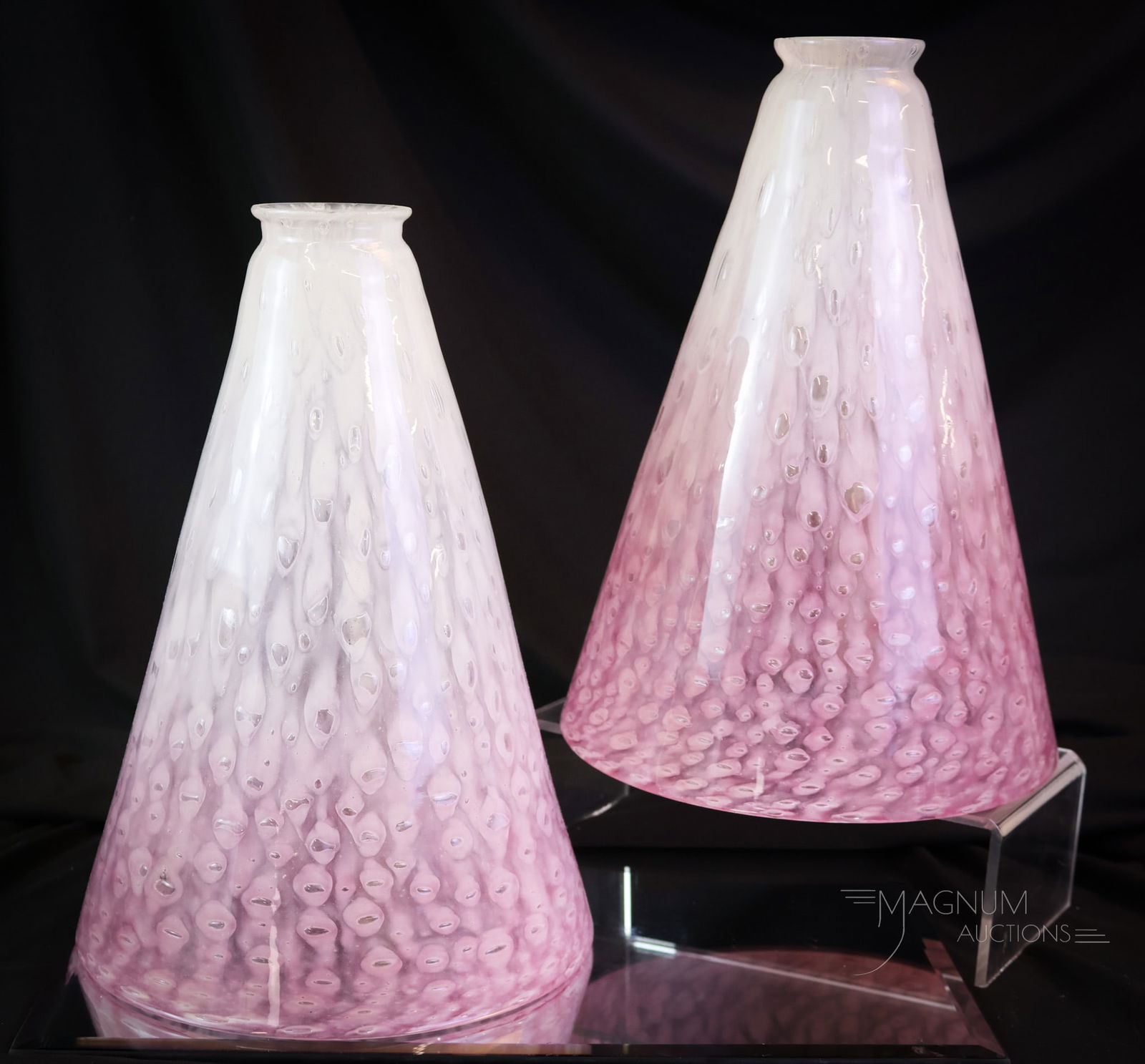 Pair 11" Steuben Cluthra Art Glass Torchiere lamp Shades: A rare find in Steuben art glass. This is a pair of 11" tall Cluthra line art glass shades in pink to white. Each measures 7 5/8" wide and has a fitter of 2 1/4" in diameter. SHIPPING NOTICE: If you c
