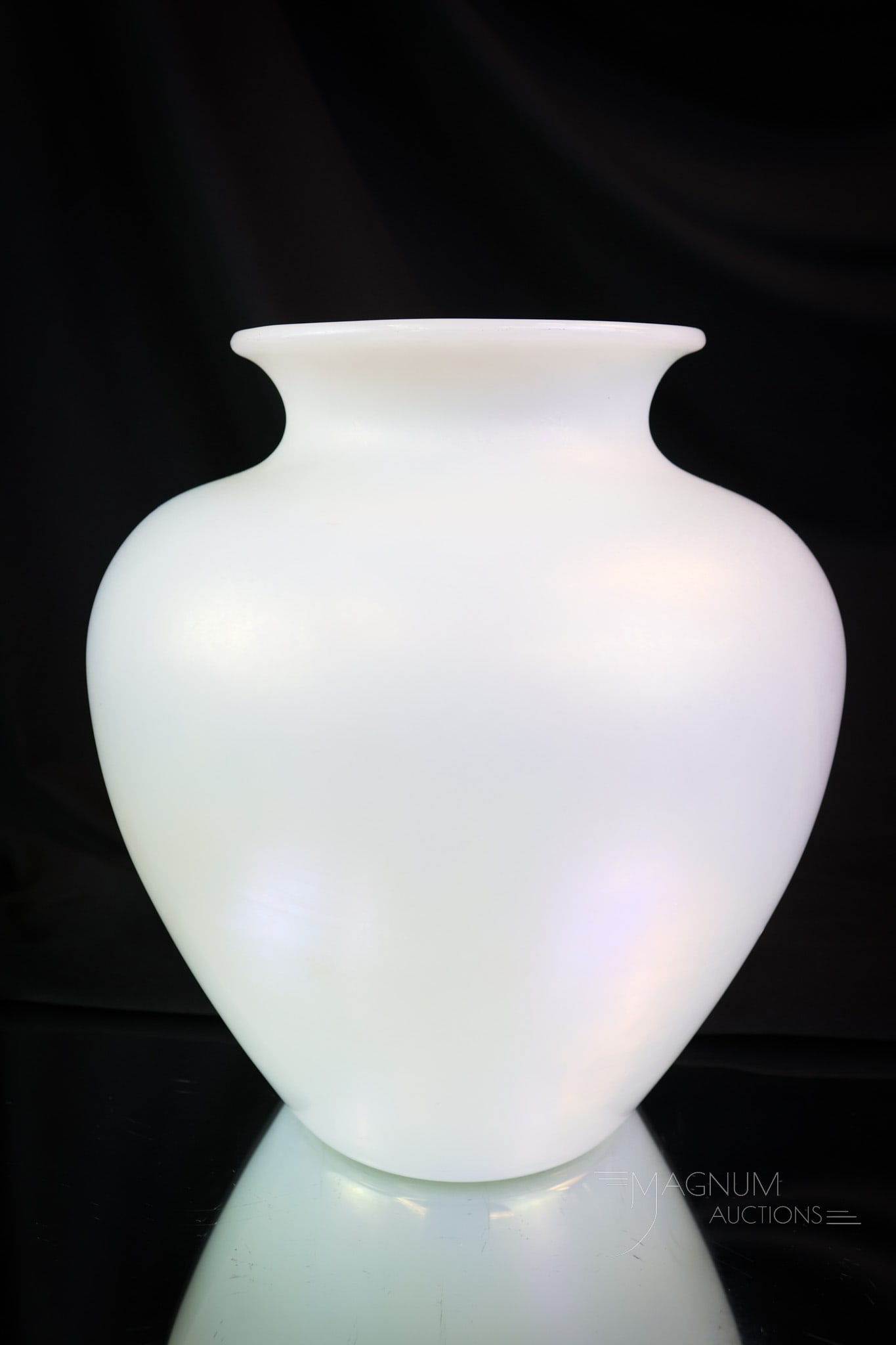 Steuben Classic Form Ivrene Art Glass Vase: A marked example of Steuben ivrene art glass in the form of a vase. This vase is marked "Steben on the base." The vase measures 8 1/4" tall and 7 1/2" wide. SHIPPING NOTICE: If you choose not to utili