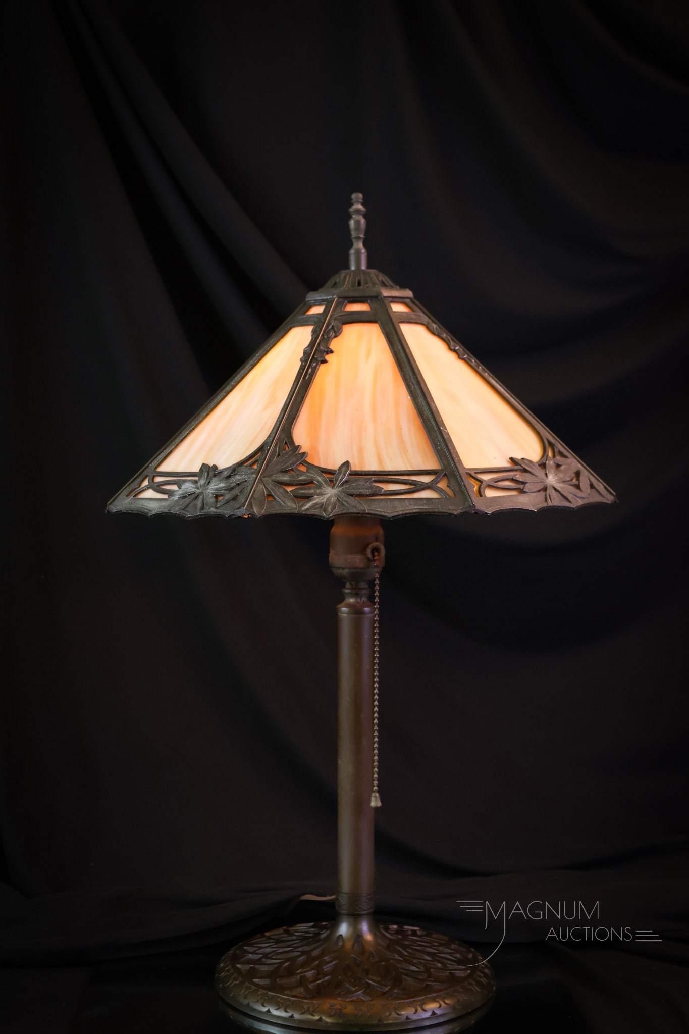 Bradley & Hubbard Caramel Slag Glass Panel lamp: A great find in a marked Bradley & Hubbard caramel slag glass panel lamp. The base is signed Bradley & Hubbard. The lamp measures 22" tall and 13 1/2" wide. SHIPPING NOTICE: If you choose not to utili