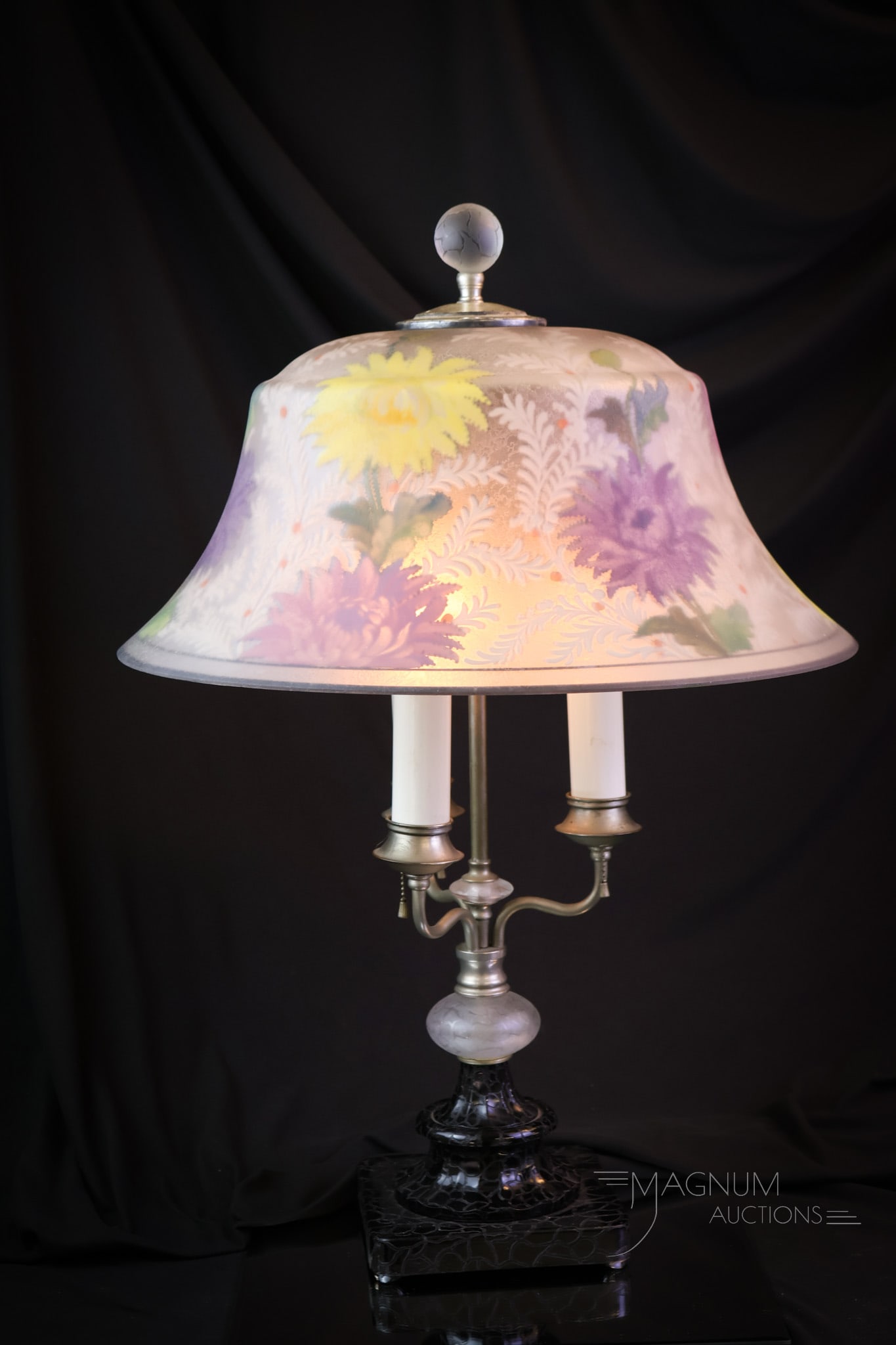 Pairpoint Reverse Painted Antique Table Lamp: A beautiful Pairpoint reverse-painted Exeter shade antique table lamp. This lamp features a 16 3/4" diameter shade decorated with colorful chrysanthemums and lace background decoration. The