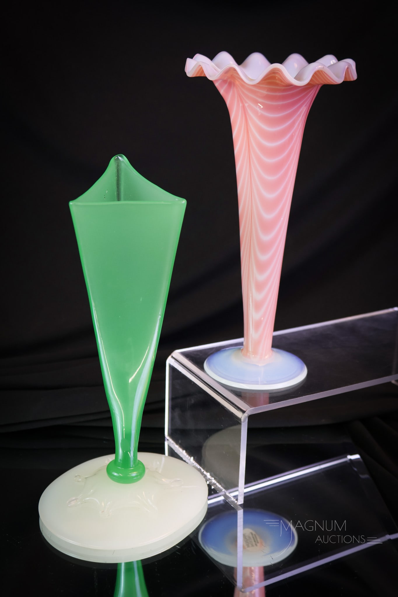2 pc Lot Steuben & More Art Glass Vases: Two nice finds in art glass vases. The first is a Steuben jade with an Alabaster prong vase. The second is a pink and white drapery pattern vase with an opalescent foot. The tallest measures 8". The S