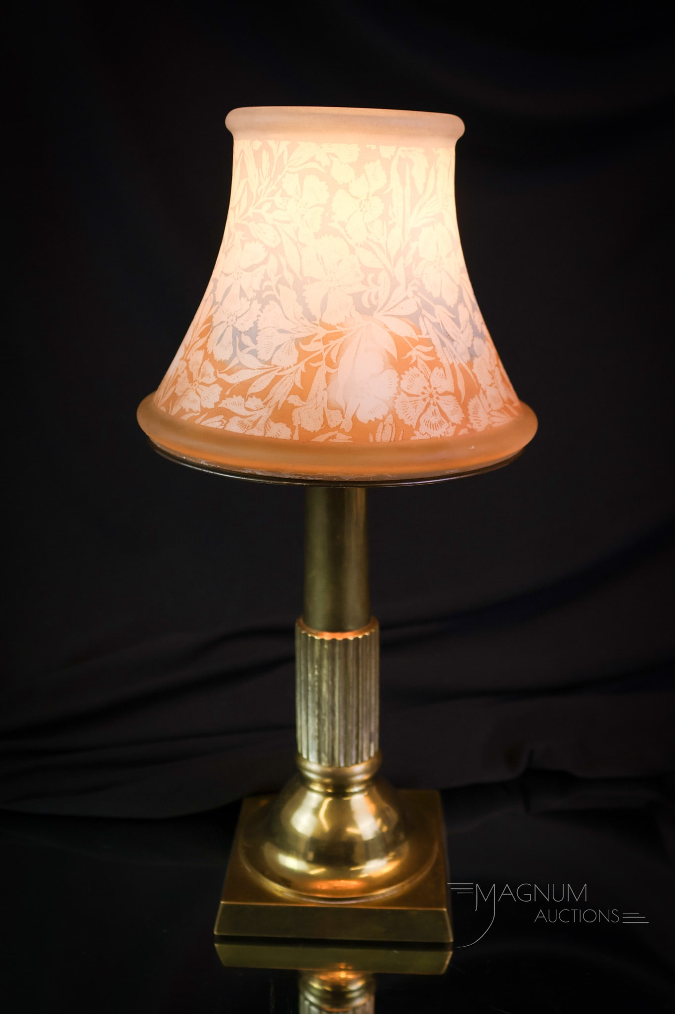 Belova Pairpoint Brass & Glass Boudoir lamp: A beautiful little lamp. This lamp has a signed Pairpoint candlestick base with later brass fittings. The shade is a Belova Shade painted example. This boudoir lamp measures 12" tall. SHIPPING