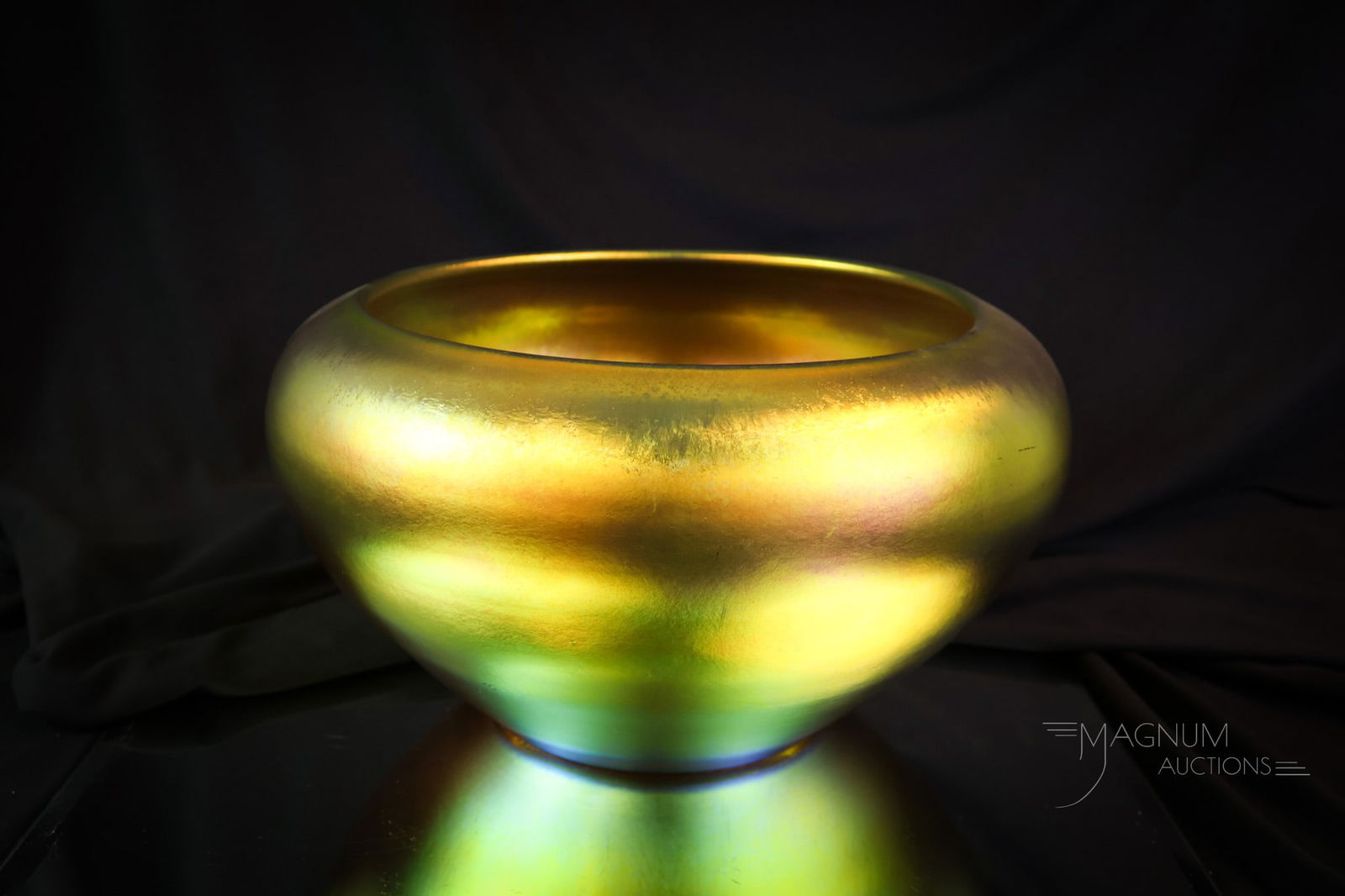 Steuben #2689 Gold Aurene Art Glass Bowl: Another nice find in our line-up of Steuben art glass. This is a Steuben gold Aurene bowl. This piece is marked "Steuben Aurene #2689." The bowl has brilliant iridescence. The piece measures 5 1/4" ta