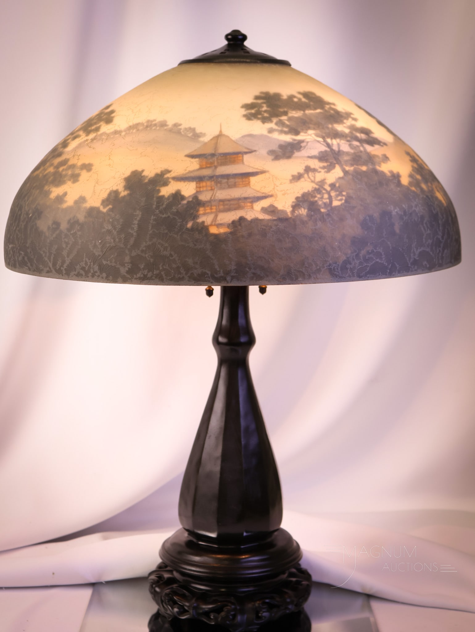 Handel #6599 Chipped Ice Pagoda Oriental Reverse Painted Table Lamp: A wonderful find in a Handel reverse-painted table lamp. The shade is signed "Handel #6599" on the interior lower rim and also on the top metal ring. The base is also an original Handel in an