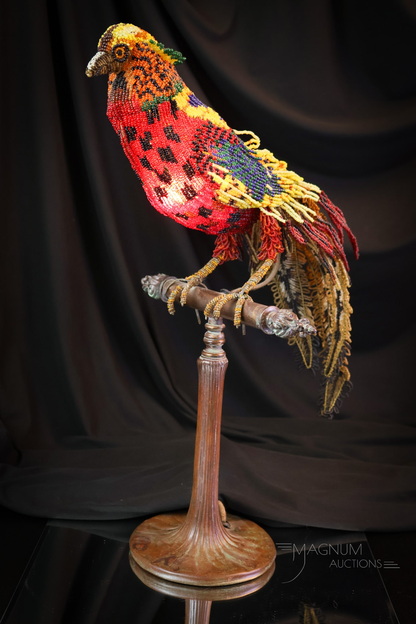 Czech Beaded Glass Bird of Paradise Antique Lamp: A wonderful and charming Czech glass beaded bird of paradiselamp. This wonderful antique accent lamp features a colorful Czech glassbeaded bird perched on its stand. The bird's body is made up of tiny