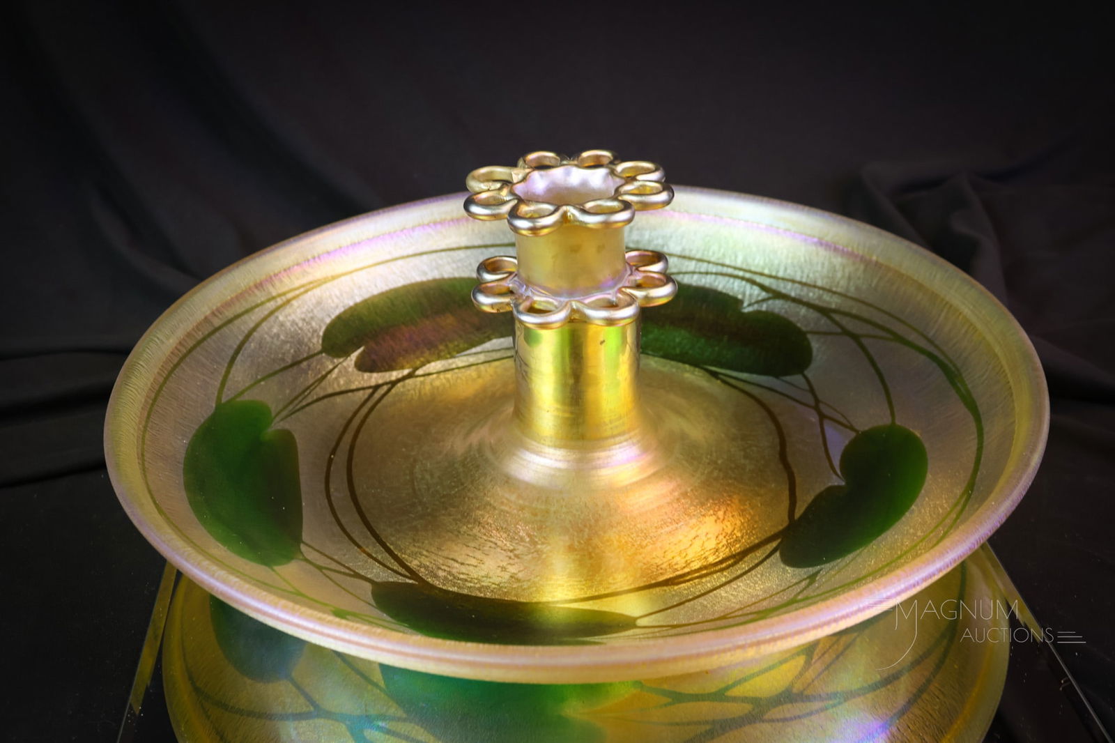 Phenomenal 13 1/2" Decorated Tiffany Favrile Flower Frog Centerpiece: A gorgeous find in a signed, decorated Tiffany Favrile art glass flower frog centerpiece. This piece is signed, "4824 L.C. Tiffany Favrile," This piecefeatures onion skin texture to the glass and love