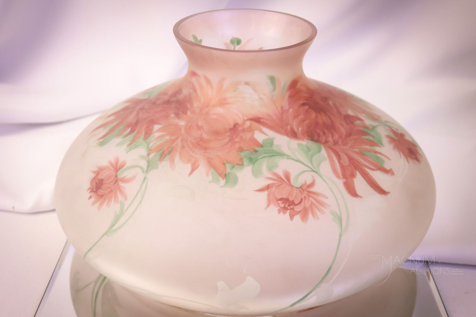 Signed Handel #2752 Tam Lamp Shade: A lovely signed Handel chrysanthemum decorated frosted glass Tam shade. This shade is ready for a lamp. It measures 7" tall, 12 1/2" wide, and has a fitter rim diameter of 9 3/4". SHIPPING NOTICE: 