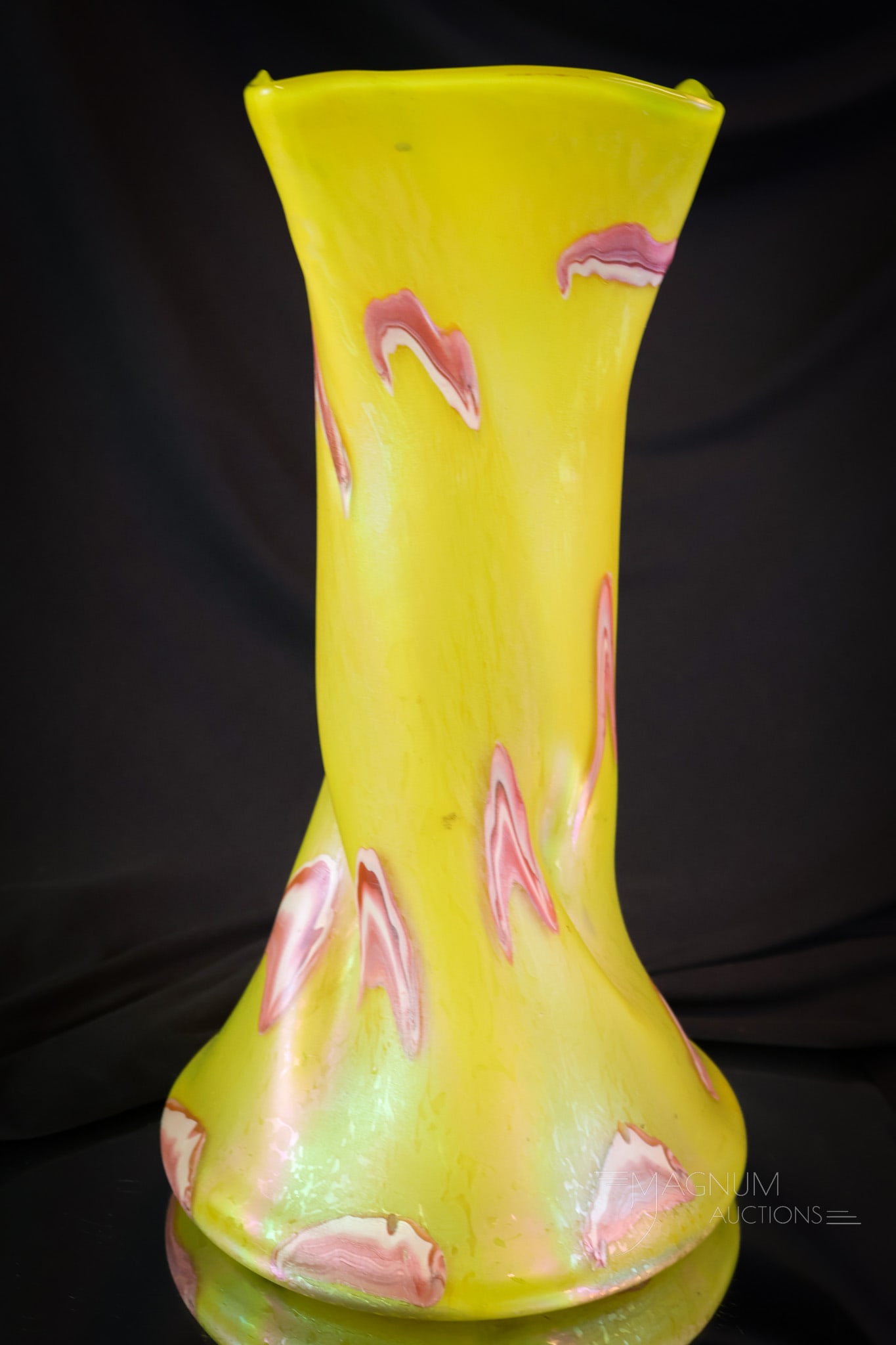 Scarce Rindskopf Bright Yellow Iridescent Art Glass 13" Vase: A scarce color to find this vase by Rindskopf. This vase is in a canary yellow with pink and white striations and great iridescence. The vase measures 13' tall and 7" wide. SHIPPING NOTICE: If you cho
