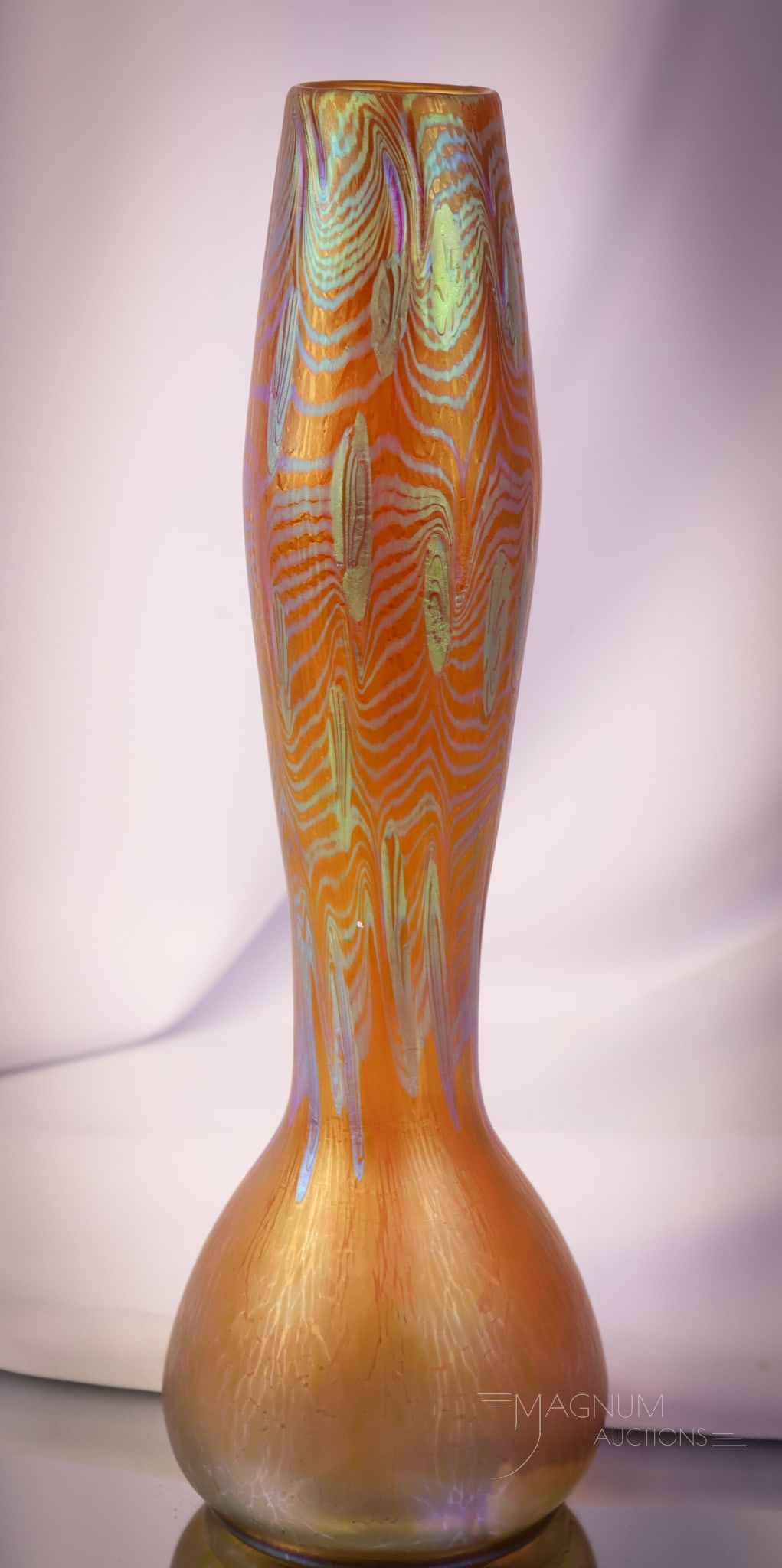 Rare Loetz PG Phanomen Genre 3/430 Red Iridescent Art Glass Vase: A rare find in Loetz art glass. This is a PG Phanomen Genre 3/430 in a red metallic iridescent glass. This vase is circa 1903. This vase measures 14" tall of pure heaven. The vase exhibits an internal