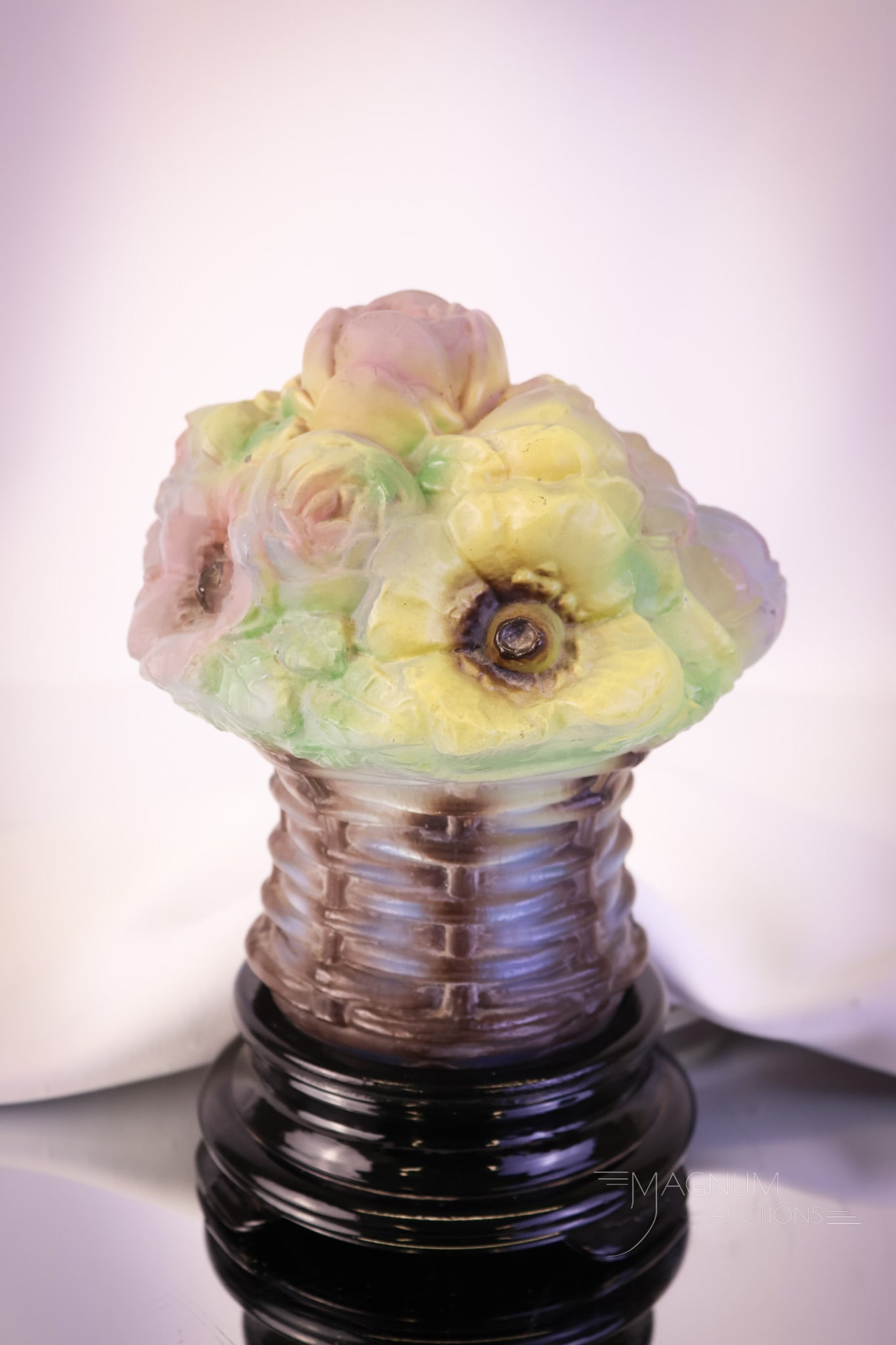 Tiffin Art Glass Flower Basket Figural Painted Lamp: A desirable find in a charming tiffin lamp. This art glass lamp is in the form of a flower basket brimming with posies. The lamp measures 8" tall. SHIPPING NOTICE: If you choose not to utilize the Liv