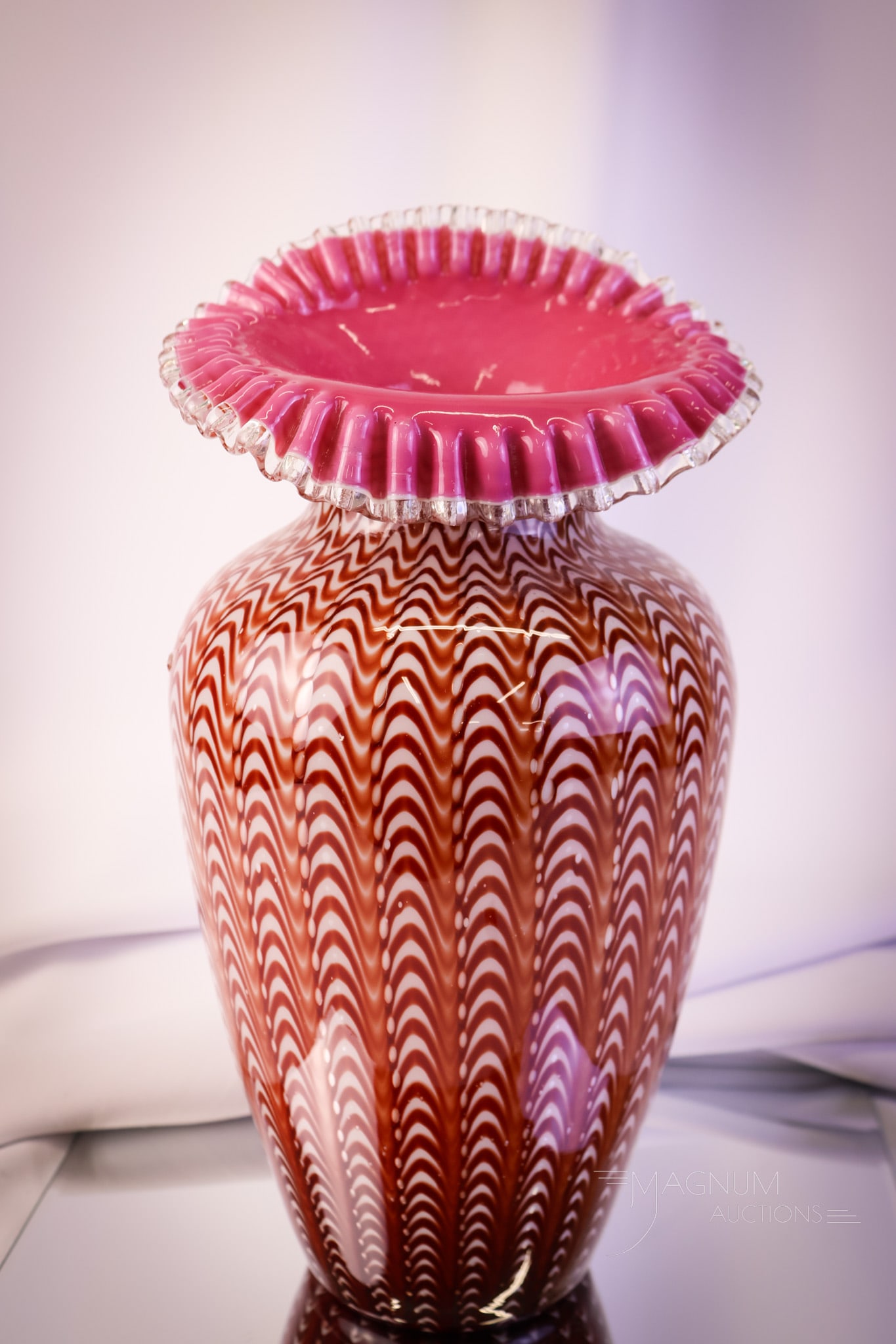 Stevens & Williams Northwood Pull-Up Osiris 13" Art Glass Vase: A beautiful find in a Stevens & Williams Northwood Pull-up Osiris arty glass vase. This 13" tall vase has a vivid pink interior with extraordinary coloring on the exterior. SHIPPING NOTICE: If you cho