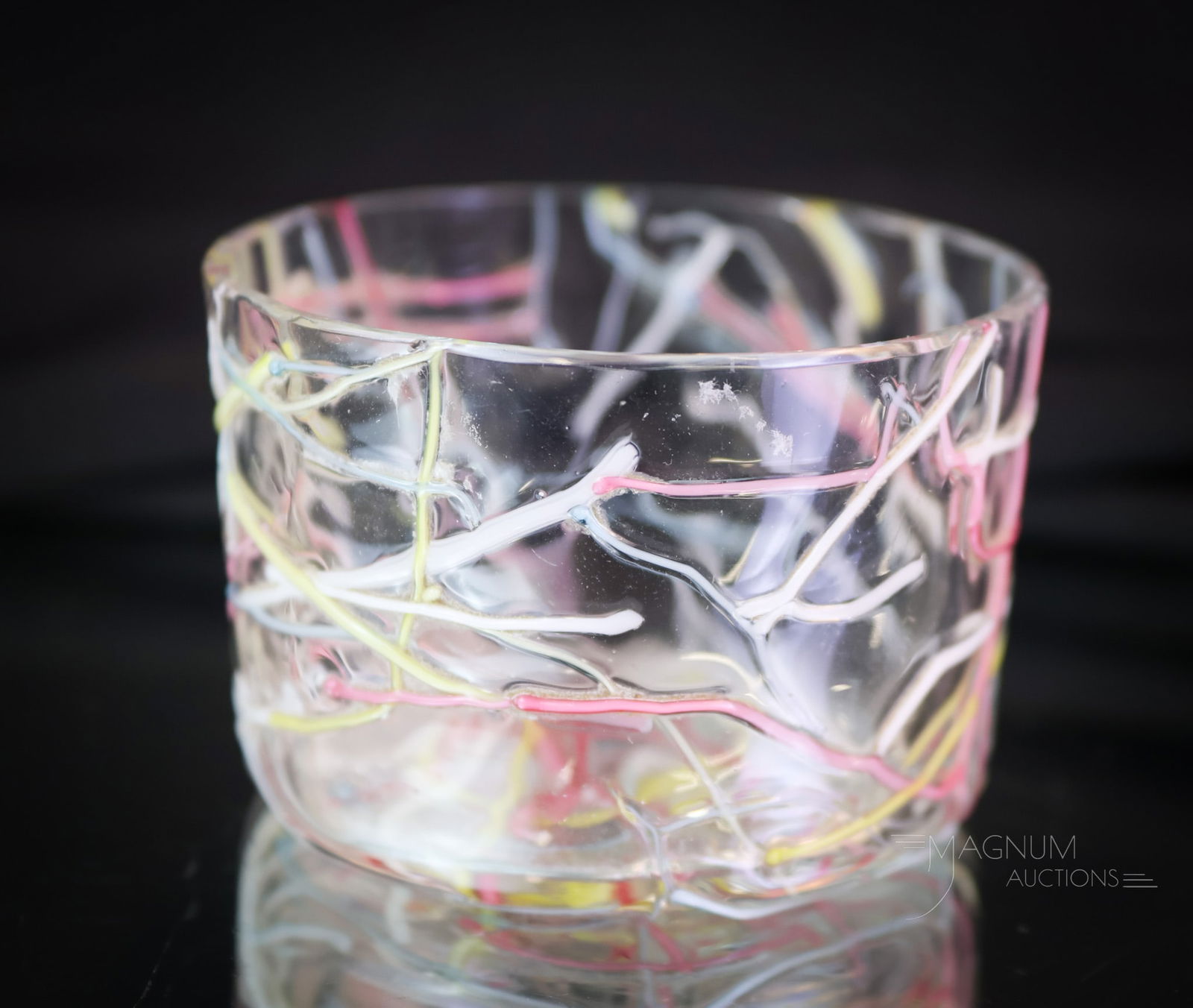 Victorian Peloton Art Glass Open Salt: A seldom-found piece of Victorian art glass. Here's a nice addition to your open salt collection. This beautiful example has rainbow threading over the entire piece. Measures 1 1/2" tall. SHIPPING NOT