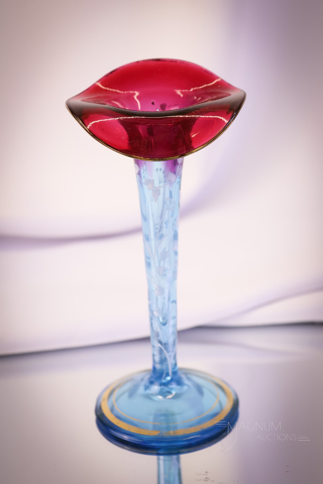 Victorian Bluerina Blue to Cranberry Enameled Glass Vase: A charming find in Victorian art glass, and one that is rarely found. This is a Bluerina, blue-to-cranberry Jack-in-the-Pulpit vase. This little guy measures only 6" tall. It is enamel decorated with