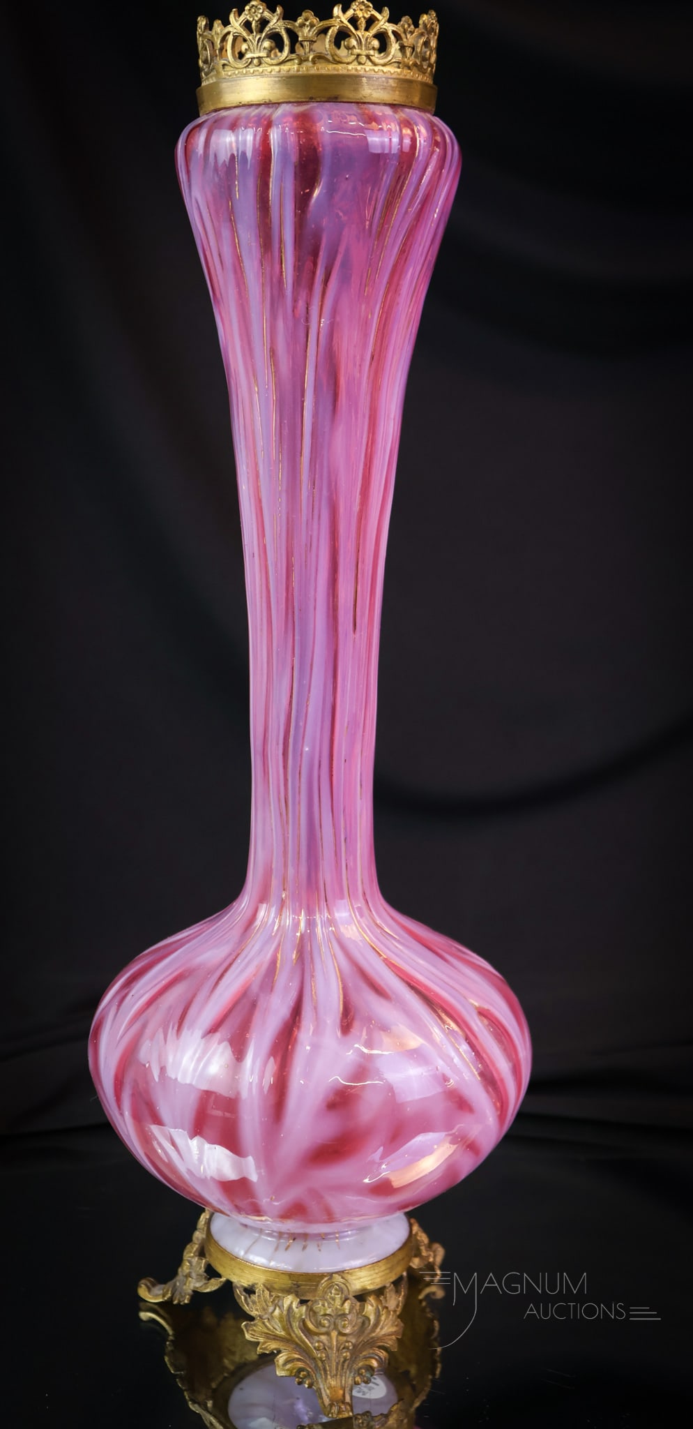 Rare 15" Cranberry Opalescent Gilt Victorian Scottish Moor Art Glass Vase: Another super find to match the water pitcher listed in a prior lot. This is a large 15" tall art glass vase. It is in cranberry opalescent gilt decorated glass. The pattern is Scottish Moor. This exc