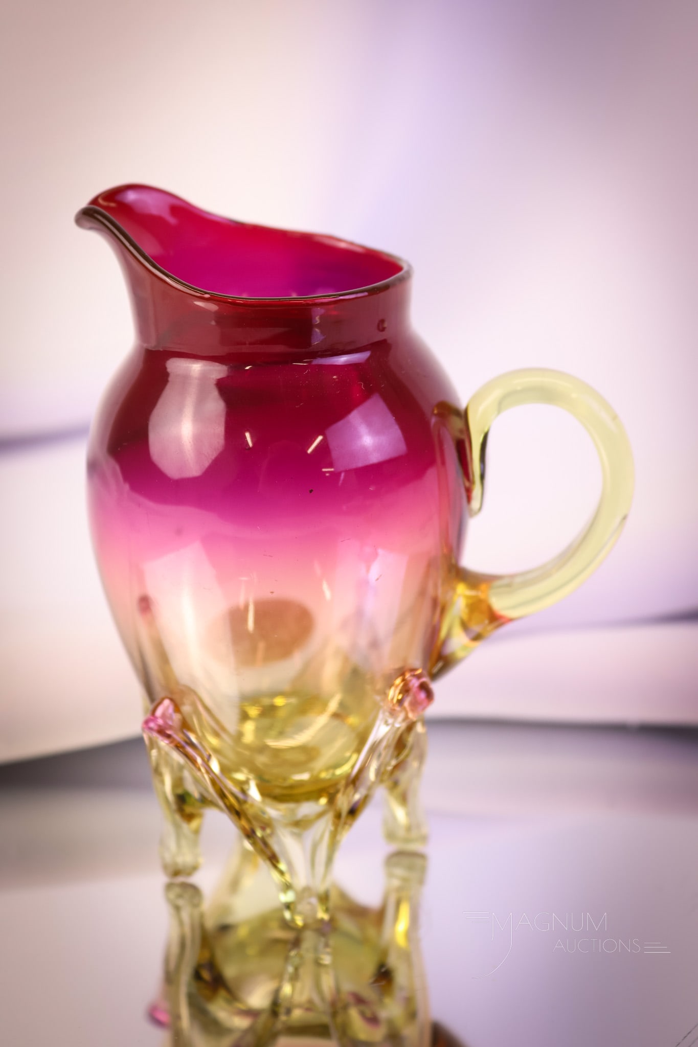 Rare Mt. Washington Victorian Amberina Glass Wishbone Creamer: A rare find in Victorian Mt. Washington amberina glass. This is a creamer with applied wishbone feet. This super example has the best coloring and form you could ask for. This creamer measures 4 1/2"