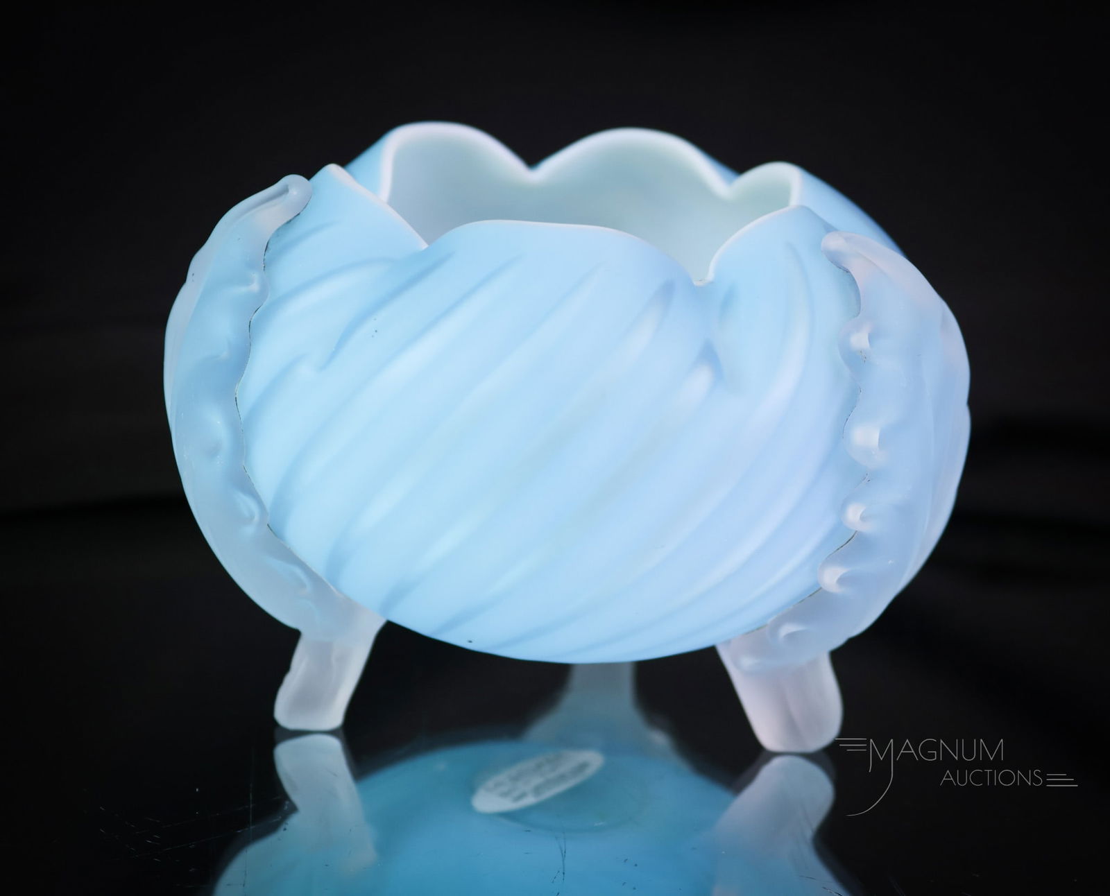 Blue Satin Mother of Pearl Applied Art Glass Rosebowl: A beautiful art glass mother of pearl rose bowl. This little gem features a Swirl pattern to the glass and three applied leaves that form the legs. This measures 3" tall and 4 1/2' wide. SHIPPING NOTI