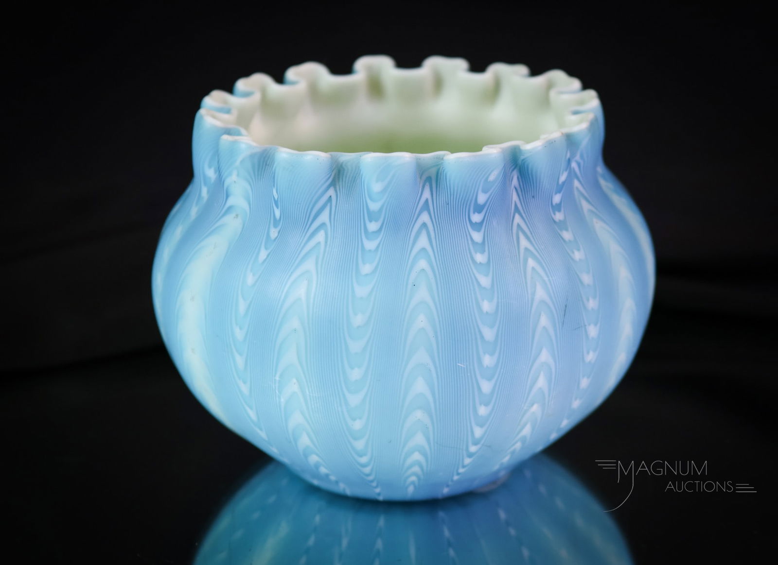Rare Stevens & Williams Northwood Osiris Pull-Up Uranium Art Glass Rose Bowl: A fine example of a Stevens & Williams Northwood Pull-Up Osiris pattern rose bowl. This fantastic find features a box pleated rim. The glass is rich in uranium content. Seldom do you see an example in