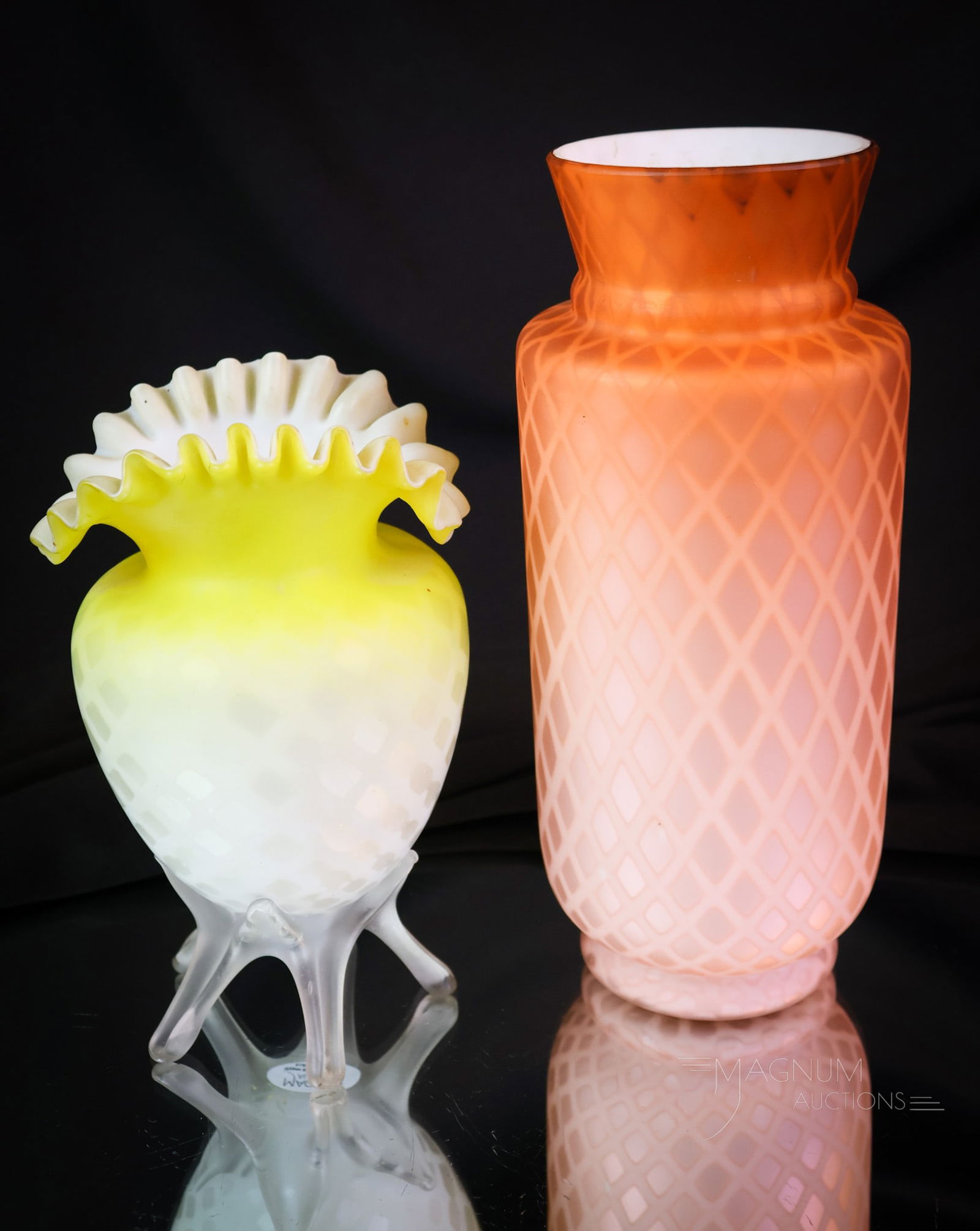 2 pc Lot Victorian Mother of Pearl Satin Applied Art Glass Vases (1 of 12)