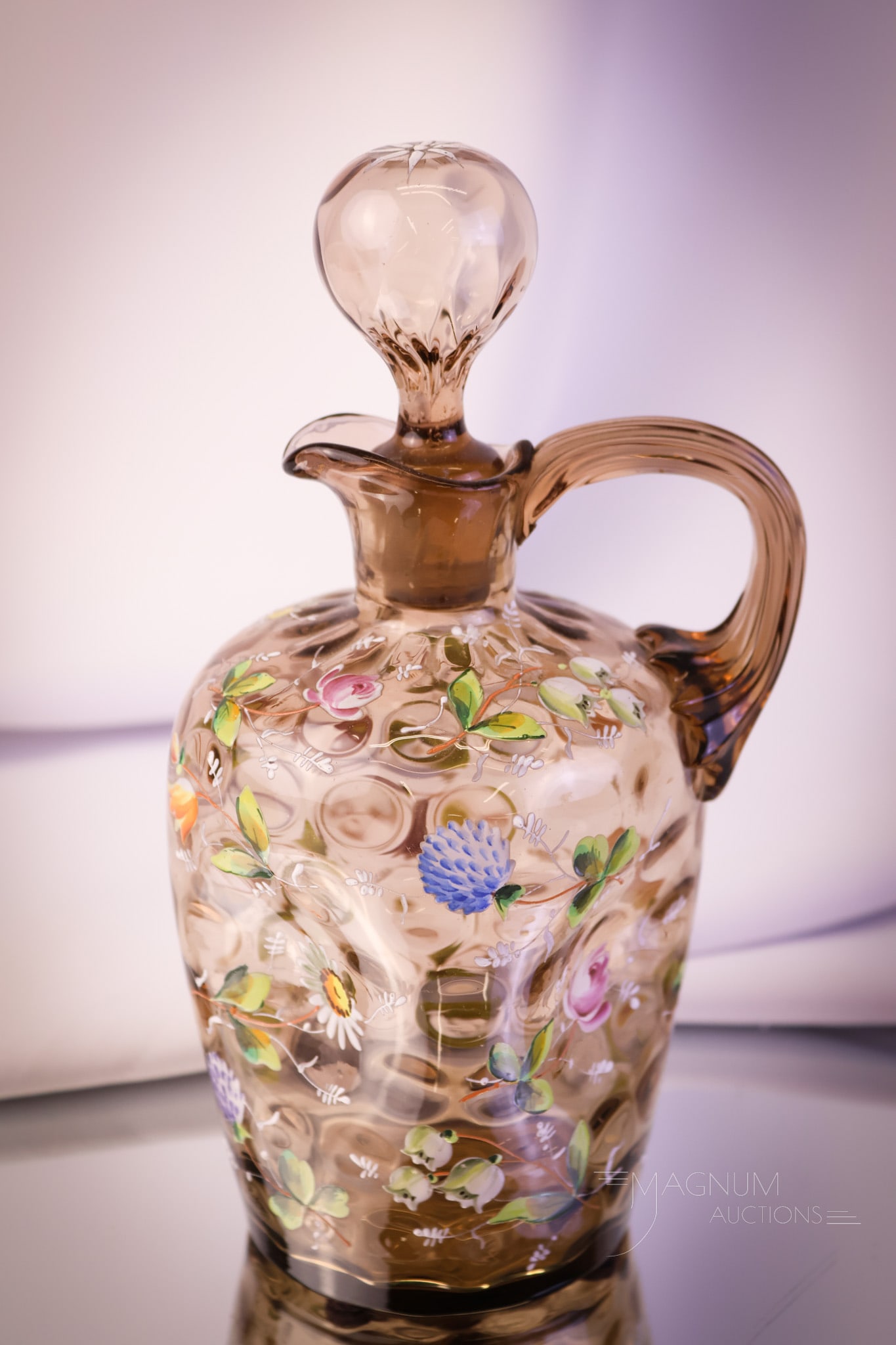 Moser Smoke Victorian Enameled Art Glass Cruet: Another nice find in a Victorian art glass enameled cruet. This piece is identical to a peacock blue example listed previously. This fine piece is in a smoke coloring with enameled florals around the