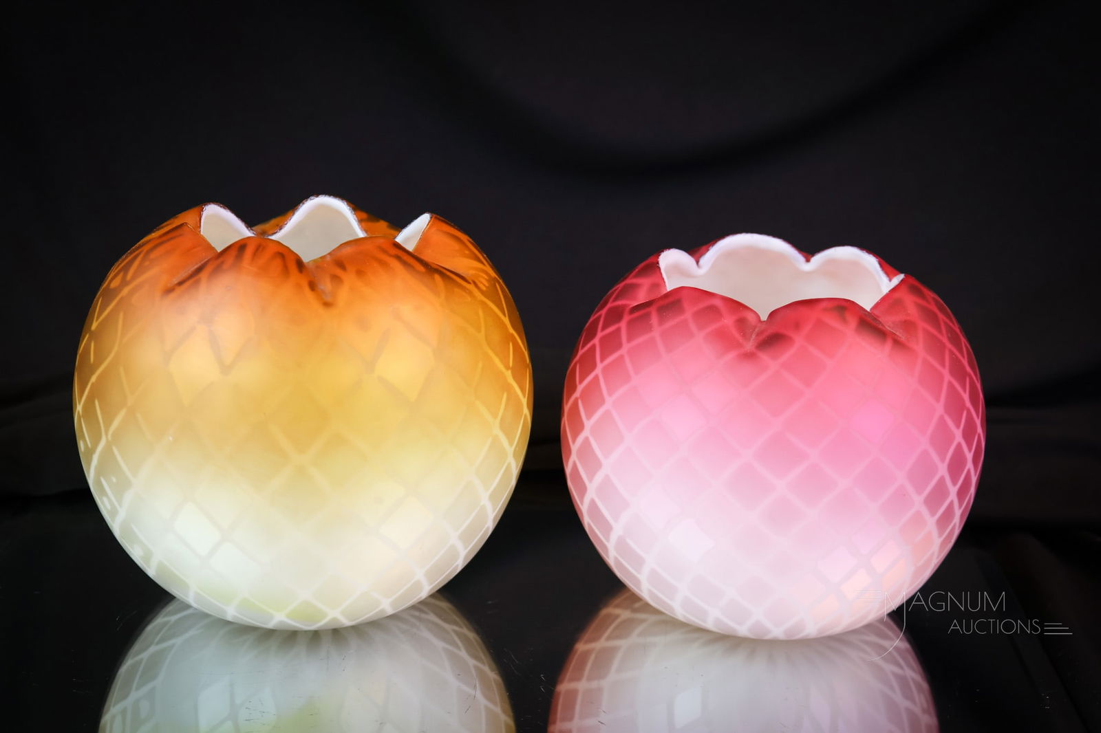 2 pc Lot Victorian Art Glass Mother of Pearl Rose Bowls Webb & More: Two selections that are sure to please. This lot includes two Diamond -quilt Victorian rose bowls. One in champagne color. The other example is a Webb in pink. The pink example is marked "Patent." SHI