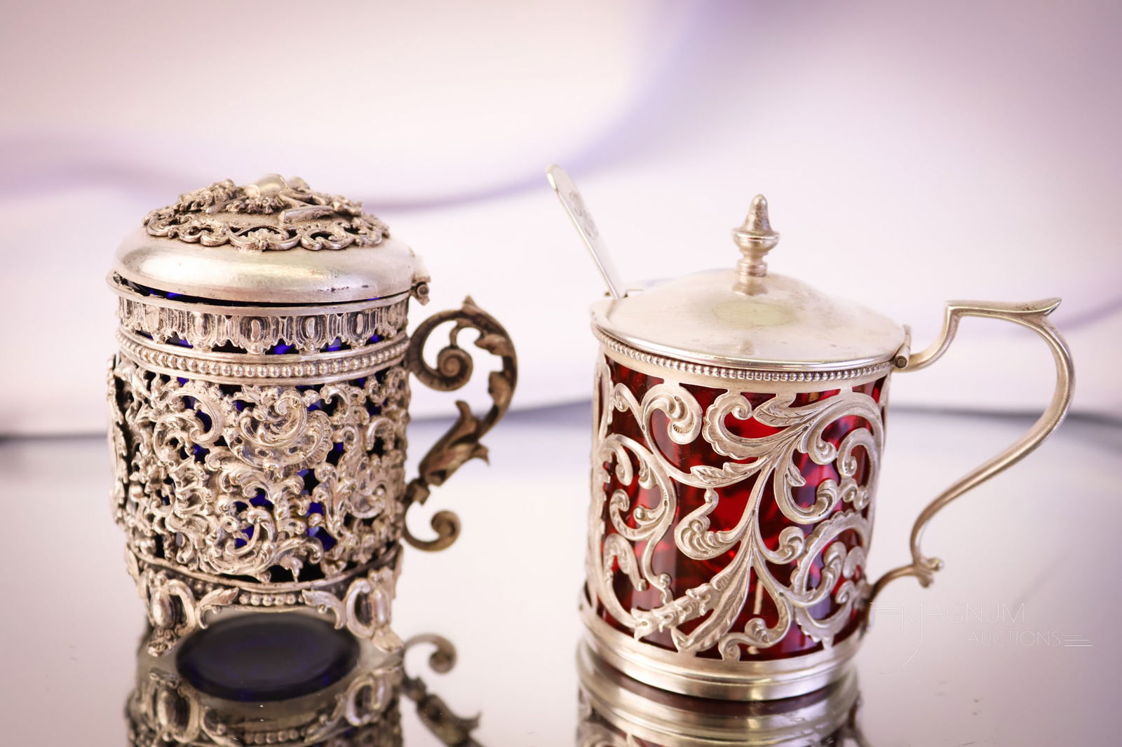 2 pc Lot Victorian Glass & Sterling Silver Mustard Jars (1 of 13)
