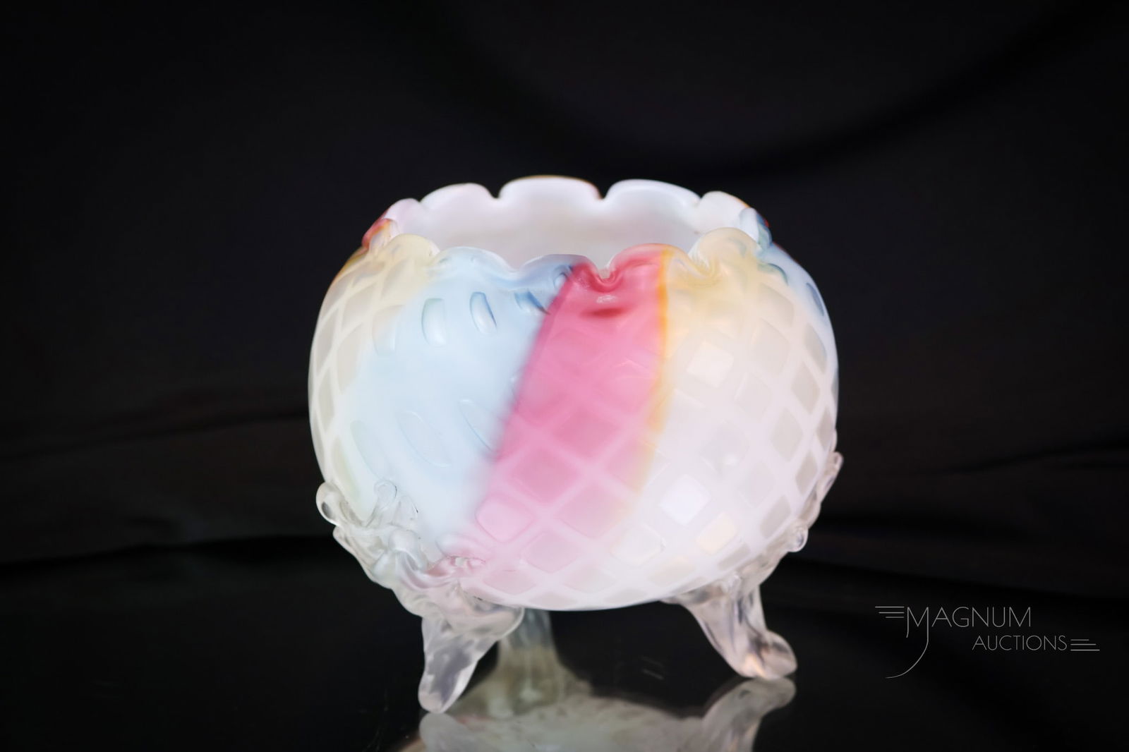 Rainbow Victorian Mother of Pearl Satin Glass Footed Art Glass Rose Bowl (1 of 5)
