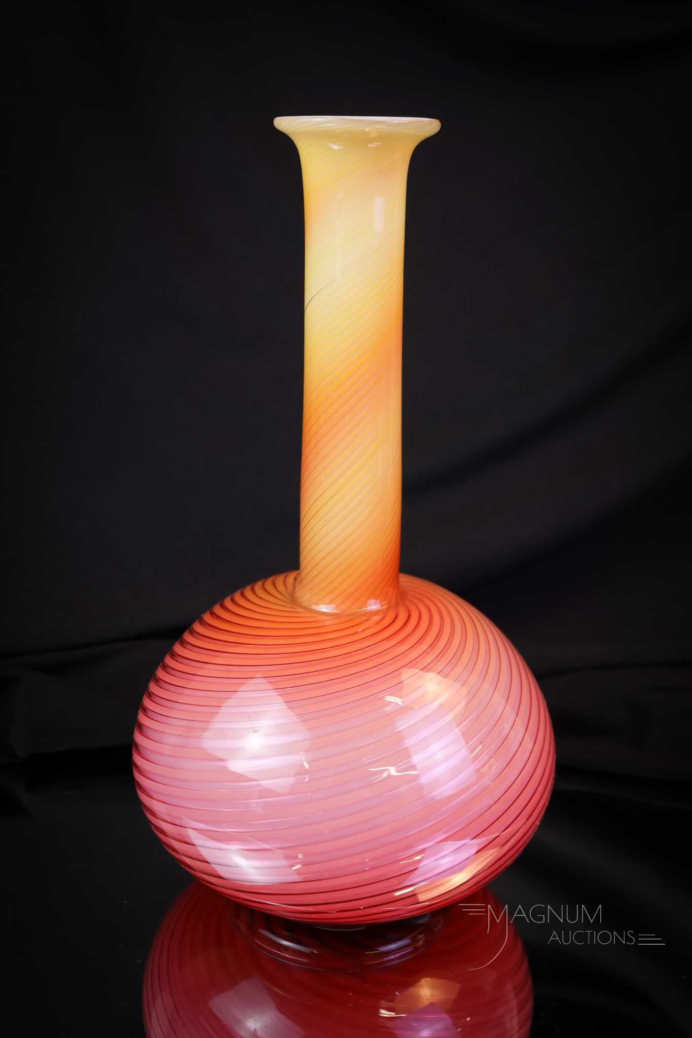 Stevens & Williams Glossy Victorian Uranium Pompeian Swirl Mother of Pearl Glass 11" Vase: A rare find in Victorian Stevens & Williams Pompeian Swirl pattern mother-of-pearl art glass. This vase has a rarely found glossy finish. It is a two-color example fading from deep pink to yellow. It'