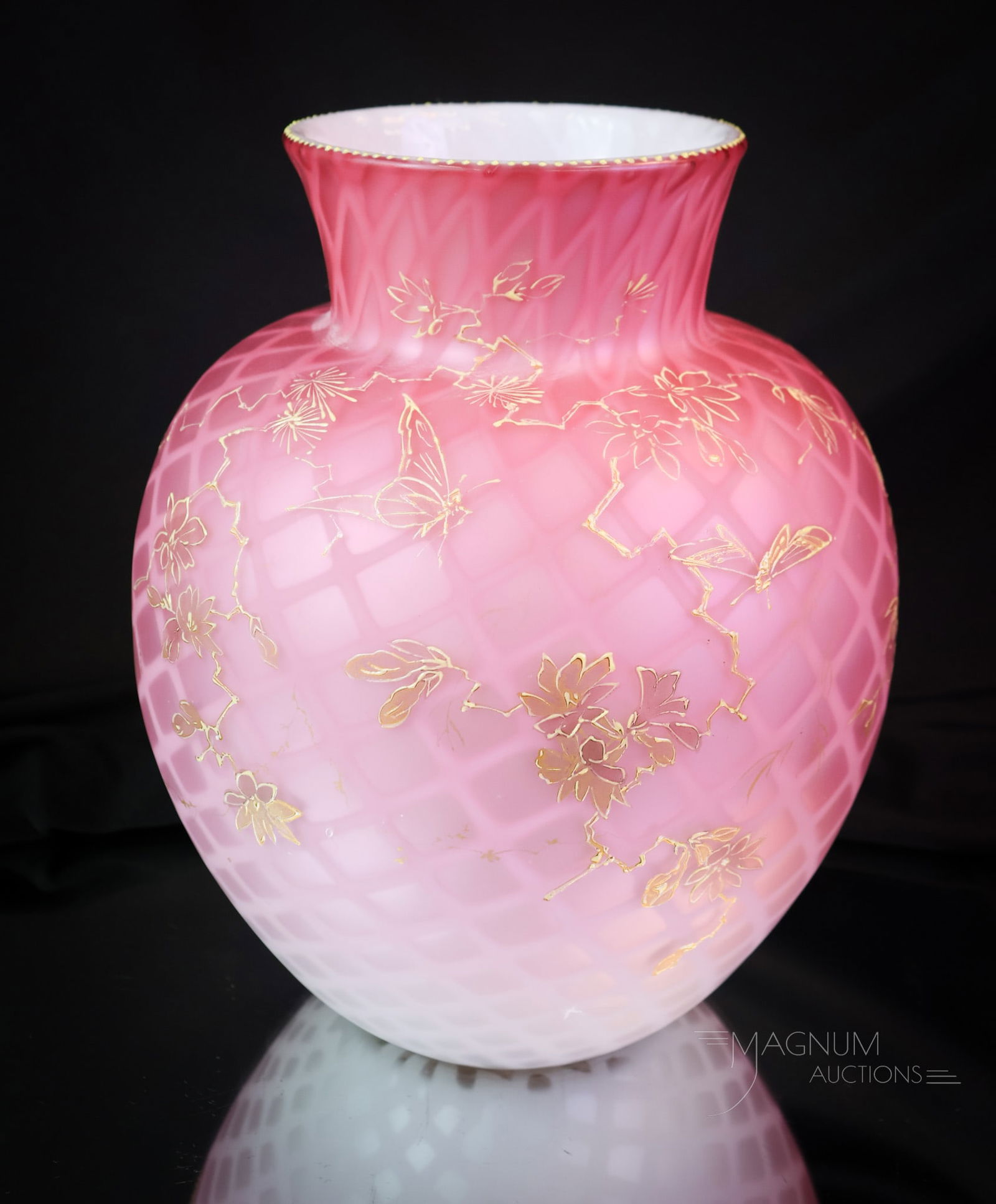 Huge 9" Victorian Mother of Pearl Enameled Victorian Uranium Glass Vase: A great find in a massive piece of Victorian mother-of-pearl art glass. This vase is in a medium pink color and in a diamond quilt pattern. The vase is enhanced by delicate florals and butterfly ename